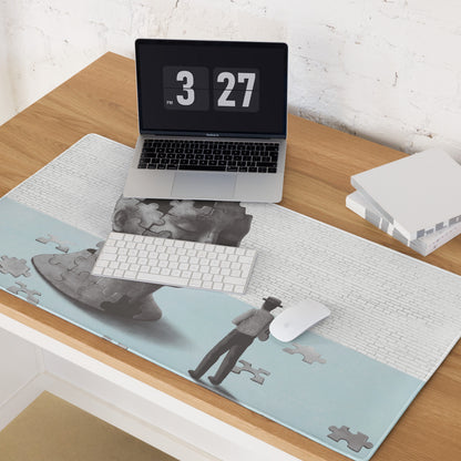 Puzzle Head Artwork Mouse Pad Gray Blue Moody Desk Accessory 36x18 Inch Modern Surreal Style