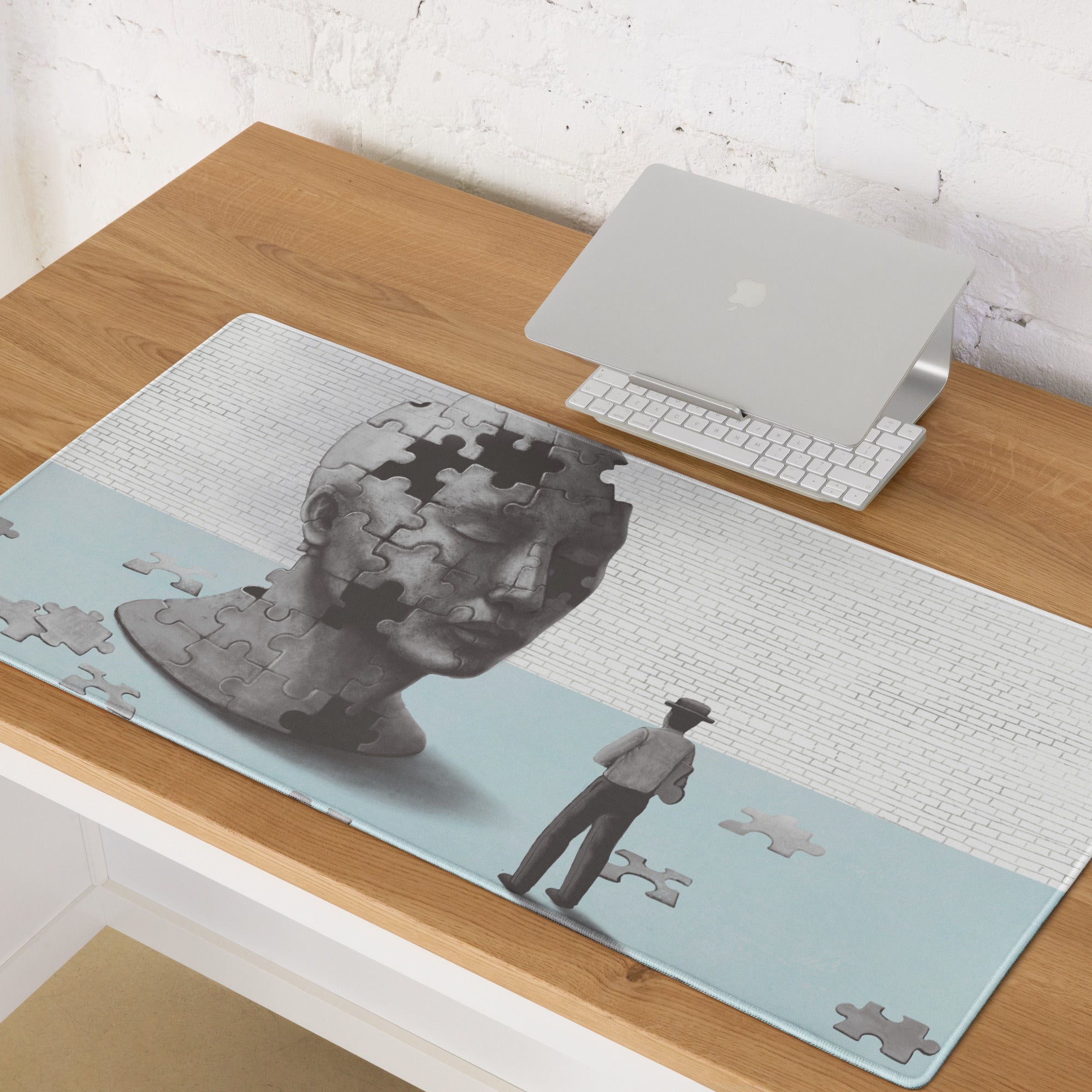 Puzzle Head Artwork Mouse Pad Gray Blue Moody Desk Accessory 36x18 Inch Modern Surreal Style