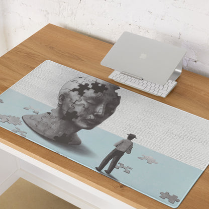 Puzzle Head Artwork Mouse Pad Gray Blue Moody Desk Accessory 36x18 Inch Modern Surreal Style