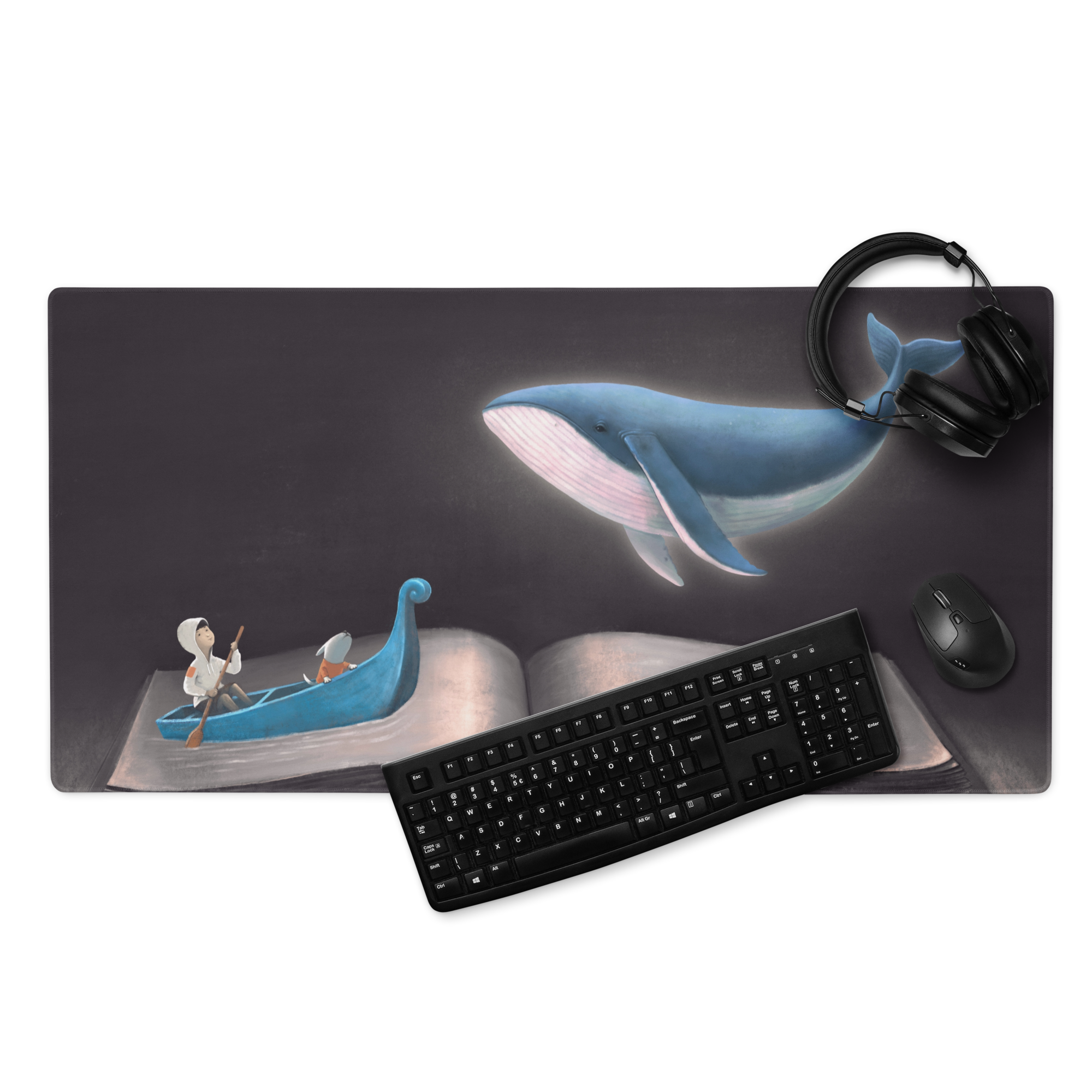 Blue Whale Desk Scene Mouse Pad - Blue Whale Desk Pad Home Office Contemporary Whimsical Ocean Nautical Art