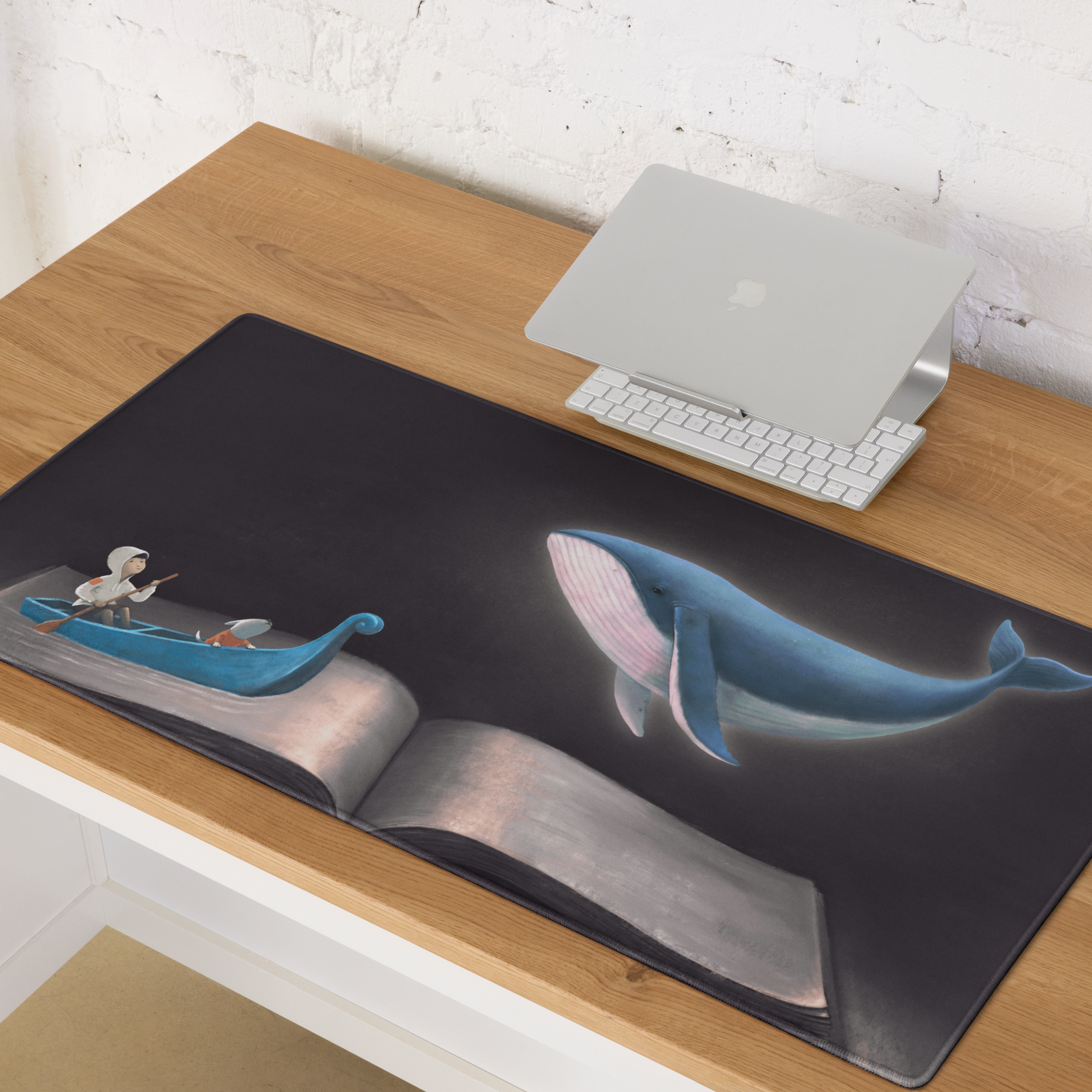 Blue Whale Desk Scene Mouse Pad - Blue Whale Desk Pad Home Office Contemporary Whimsical Ocean Nautical Art
