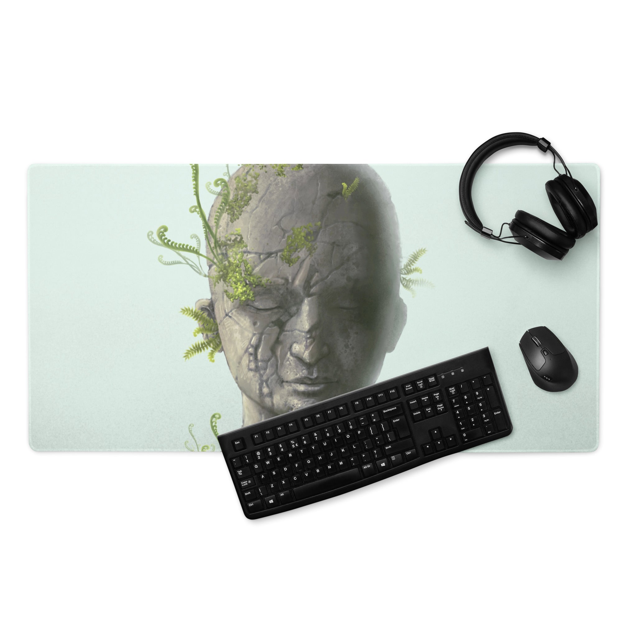 Stone Head Statue Mouse Pad Gray Stone Green Ferns Pale Blue Desk Mat Surreal Botanical Mood Modern Gaming Digital Art