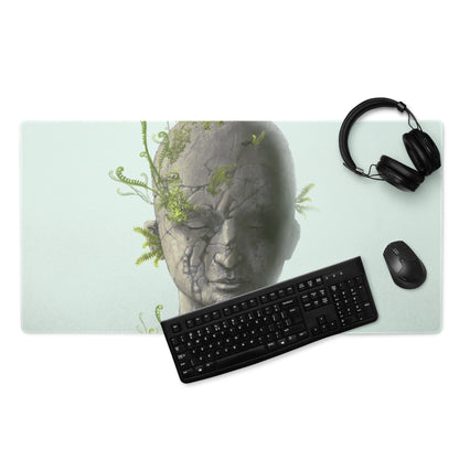 Stone Head Statue Mouse Pad Gray Stone Green Ferns Pale Blue Desk Mat Surreal Botanical Mood Modern Gaming Digital Art
