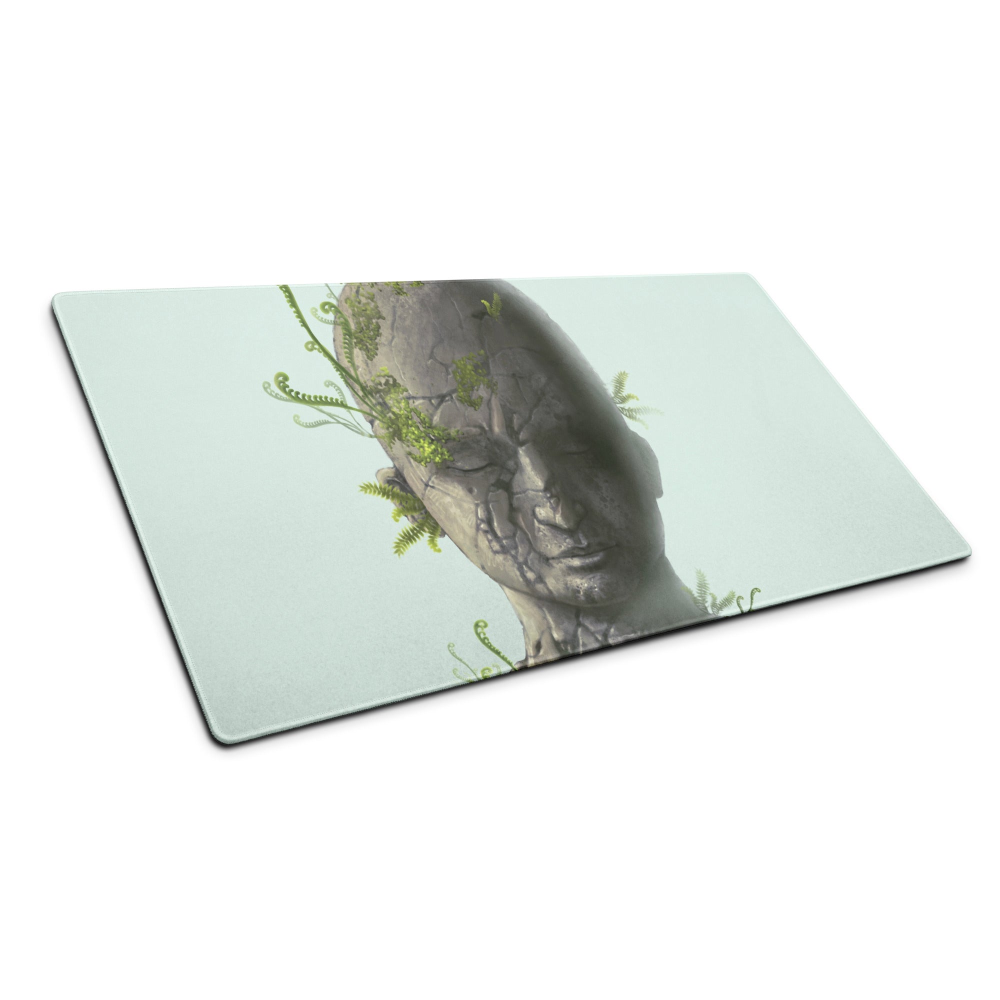 Stone Head Statue Mouse Pad Gray Stone Green Ferns Pale Blue Desk Mat Surreal Botanical Mood Modern Gaming Digital Art