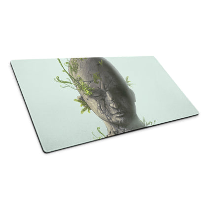 Stone Head Statue Mouse Pad Gray Stone Green Ferns Pale Blue Desk Mat Surreal Botanical Mood Modern Gaming Digital Art