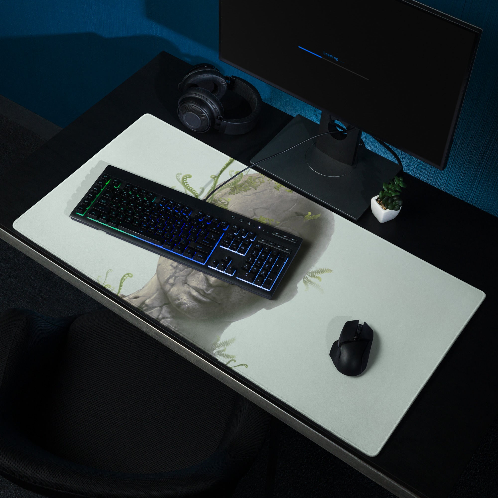 Stone Head Statue Mouse Pad Gray Stone Green Ferns Pale Blue Desk Mat Surreal Botanical Mood Modern Gaming Digital Art