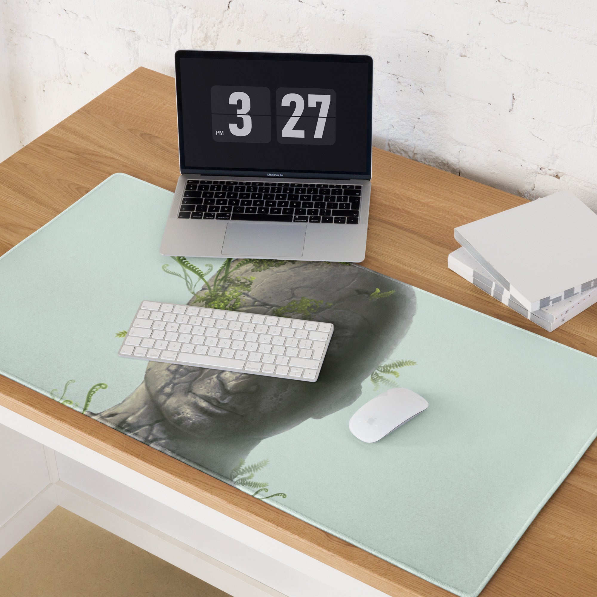 Stone Head Statue Mouse Pad Gray Stone Green Ferns Pale Blue Desk Mat Surreal Botanical Mood Modern Gaming Digital Art