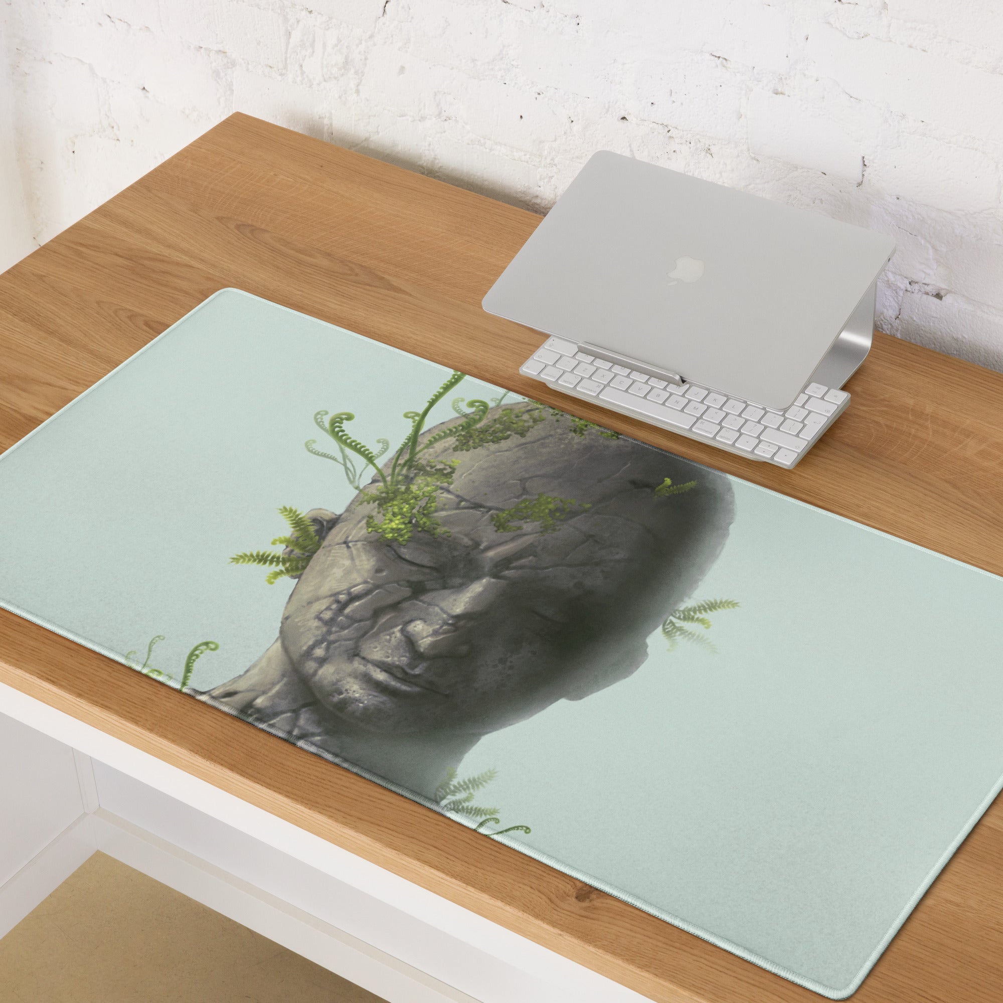 Stone Head Statue Mouse Pad Gray Stone Green Ferns Pale Blue Desk Mat Surreal Botanical Mood Modern Gaming Digital Art