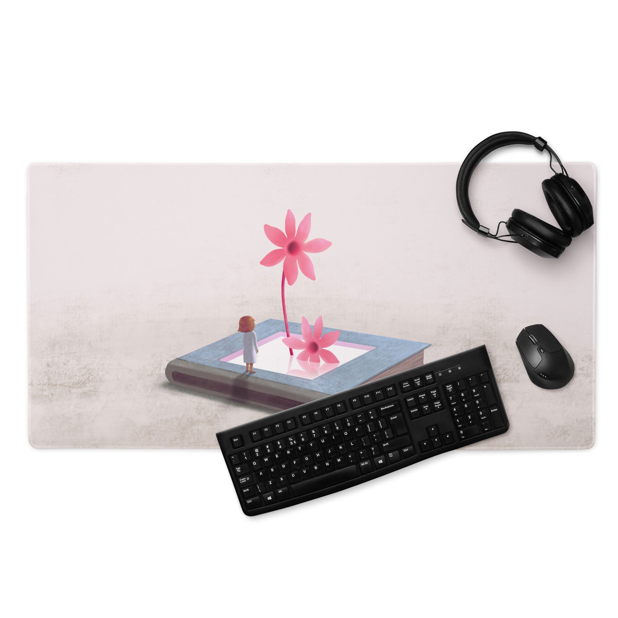 Pink Floral Mouse Pad For Home Office Desk Contemporary Modern, Whimsical Mood, Large Desk Surface, Digital Illustration