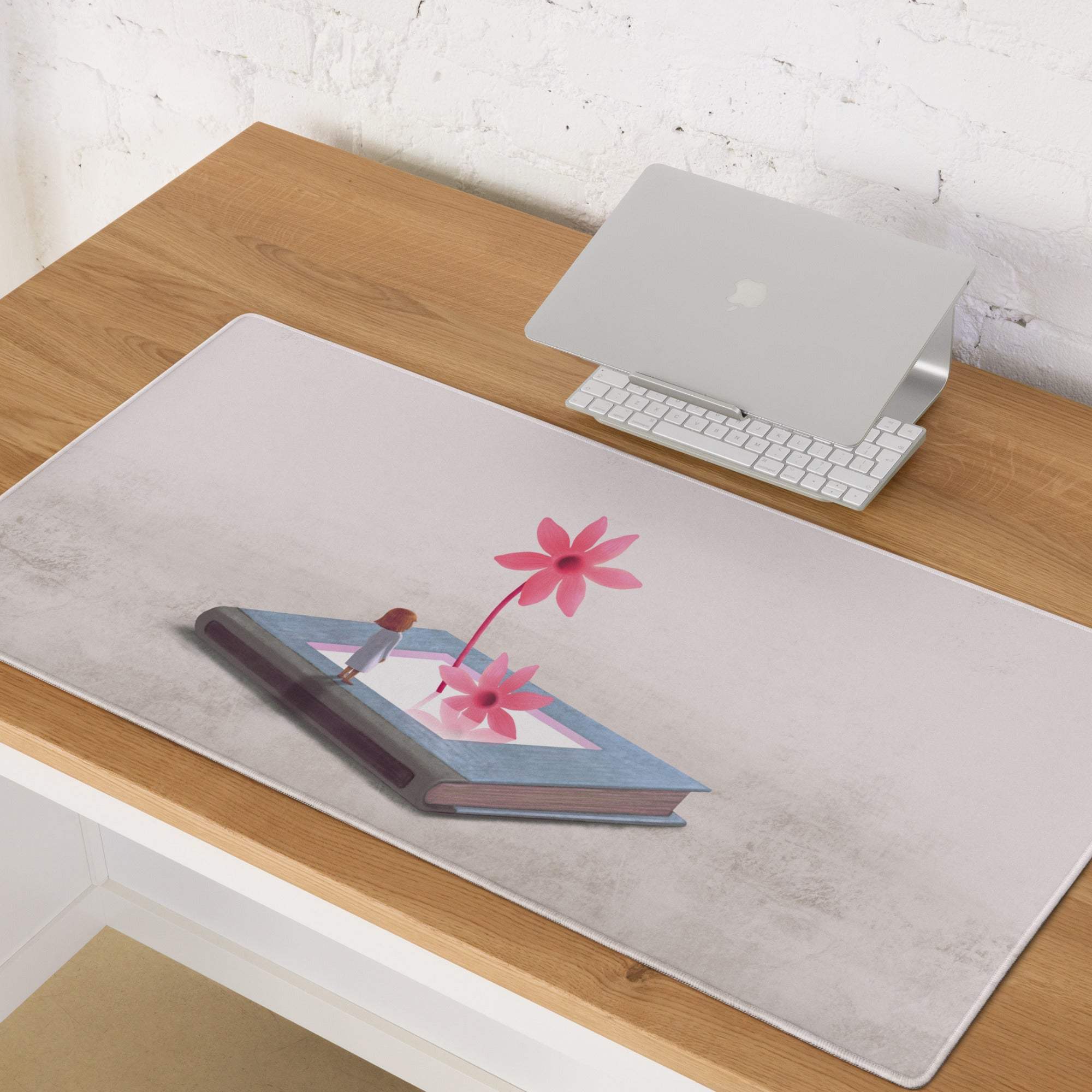 Pink Floral Mouse Pad For Home Office Desk Contemporary Modern, Whimsical Mood, Large Desk Surface, Digital Illustration