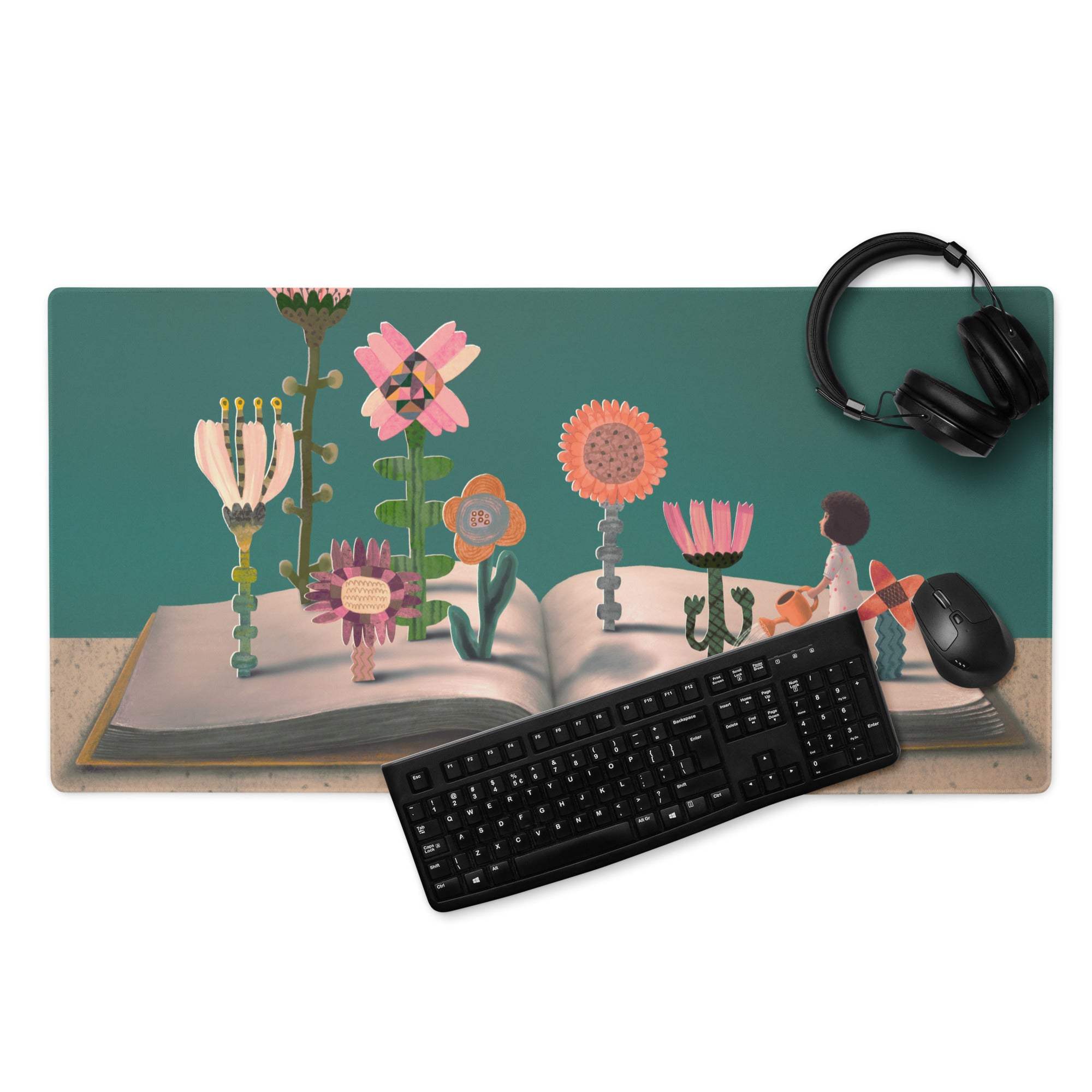 Floral Mouse Pad Teal Pink Home Office Modern Contemporary Desk Pad Whimsical Decor Illustration Print