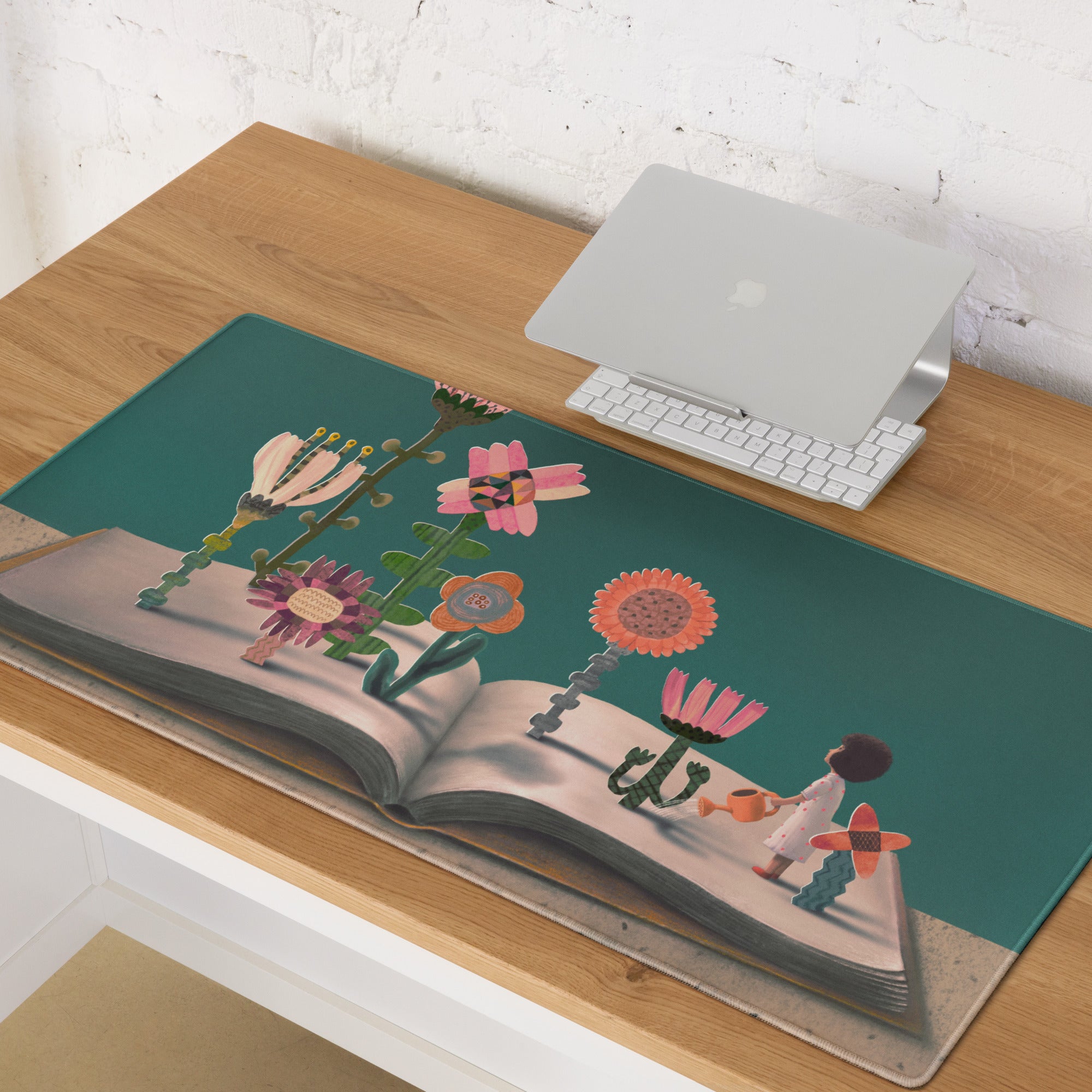 Floral Mouse Pad Teal Pink Home Office Modern Contemporary Desk Pad Whimsical Decor Illustration Print