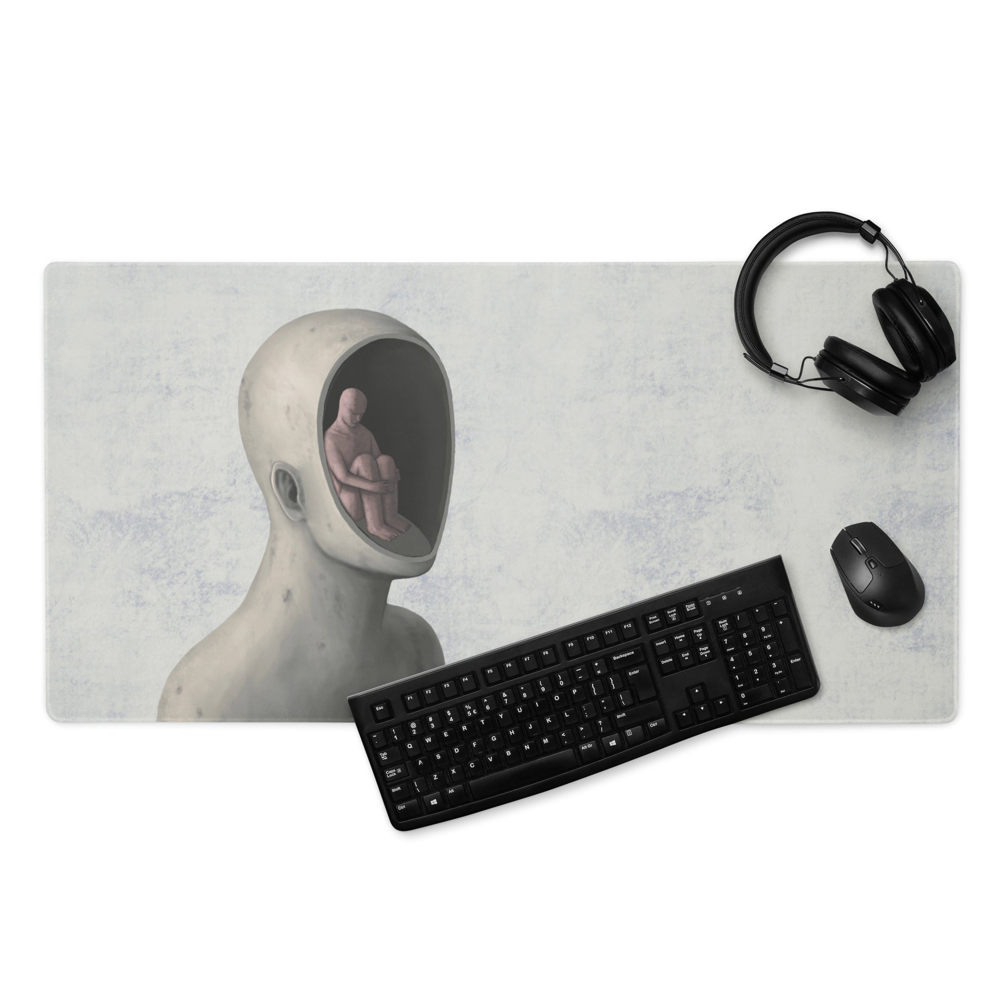Surreal Gray and Blue Desk Art Mouse Pad for Modern Office, Contemporary Style Thoughtful Mood Digital Art Print