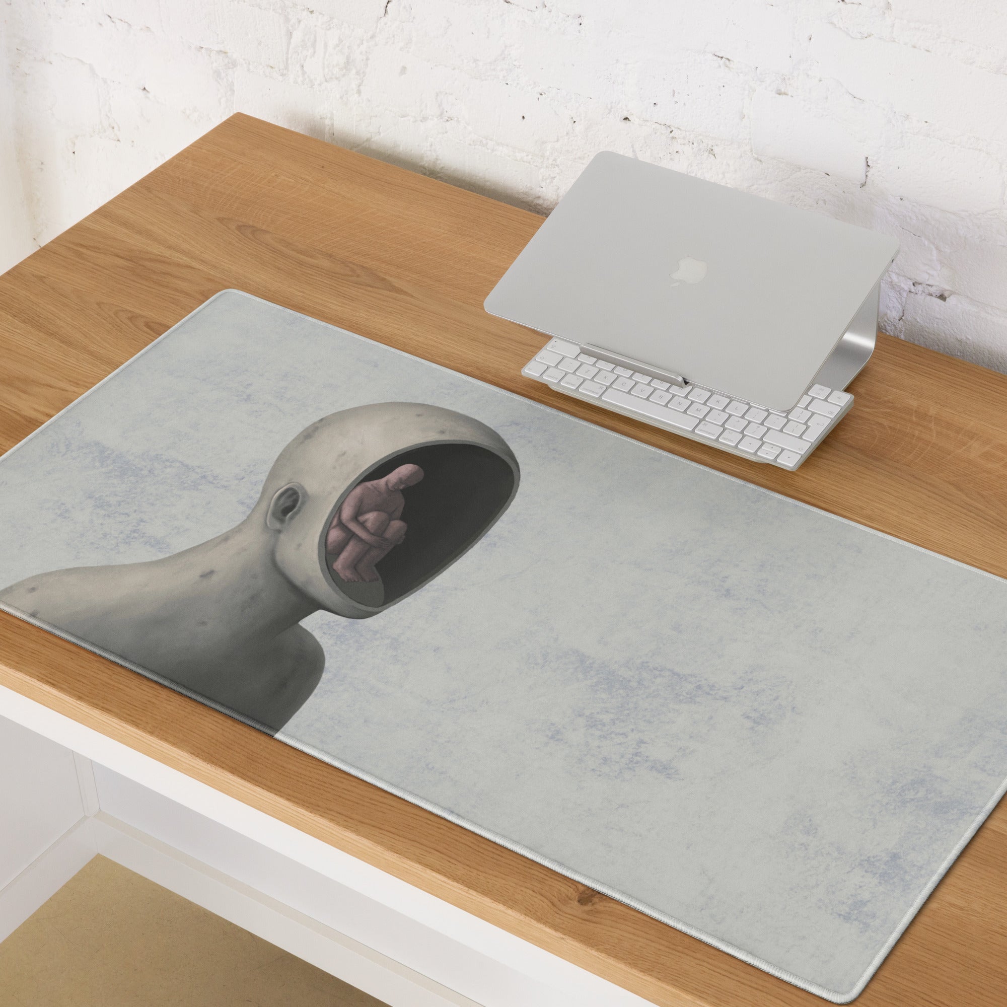 Surreal Gray and Blue Desk Art Mouse Pad for Modern Office, Contemporary Style Thoughtful Mood Digital Art Print