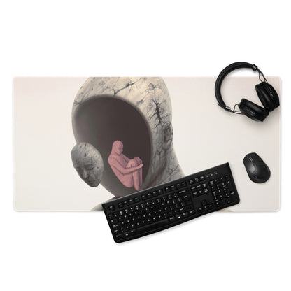 Abstract Hooded Figure Desk Pad - Hooded Figure Gray Pink Home Office Surreal Mood Desk Pad Mouse Pad Digital Art