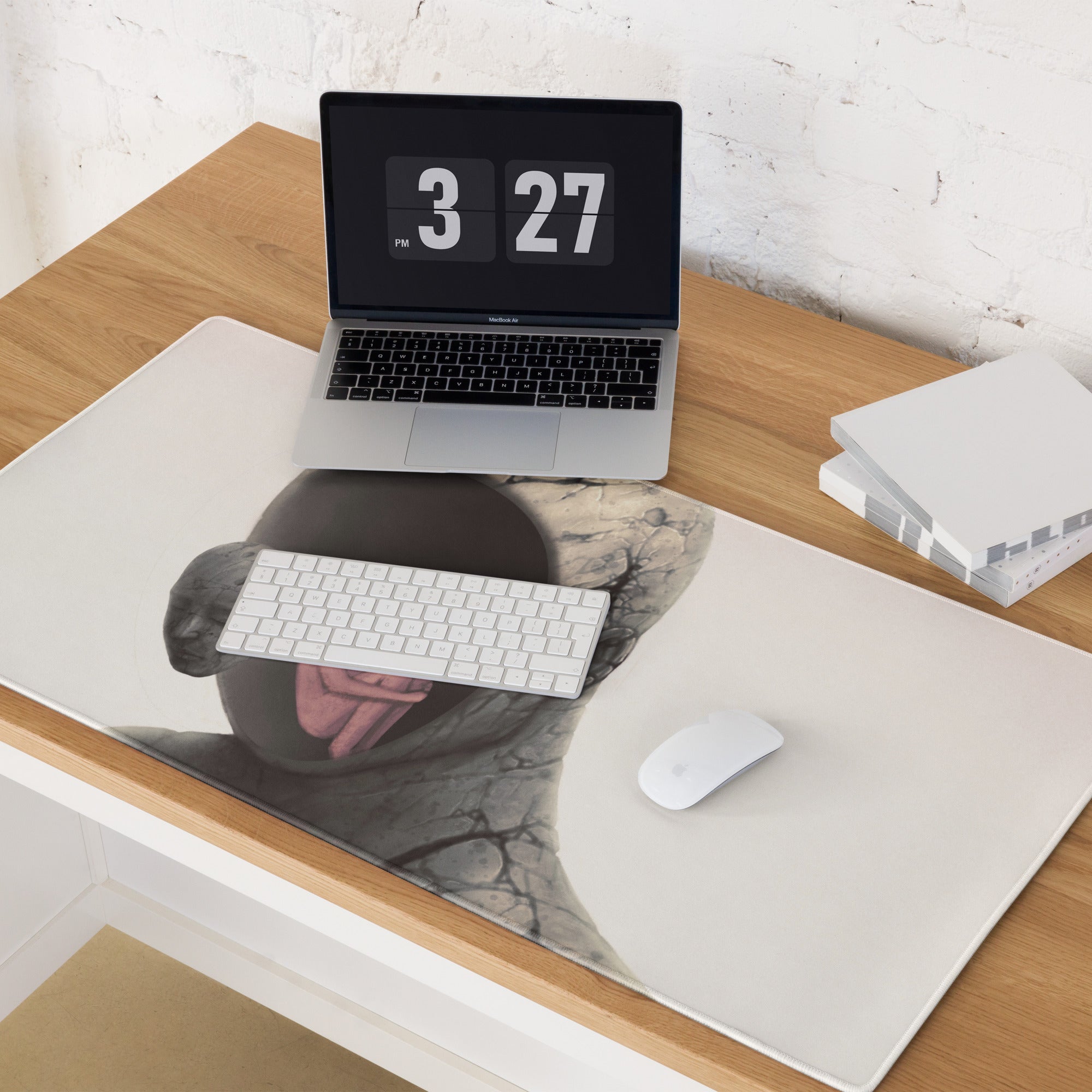 Abstract Hooded Figure Desk Pad - Hooded Figure Gray Pink Home Office Surreal Mood Desk Pad Mouse Pad Digital Art