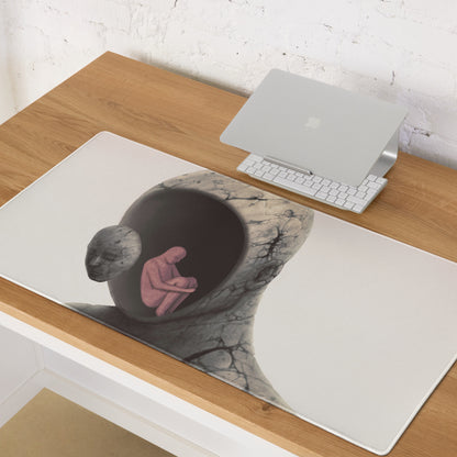 Abstract Hooded Figure Desk Pad - Hooded Figure Gray Pink Home Office Surreal Mood Desk Pad Mouse Pad Digital Art