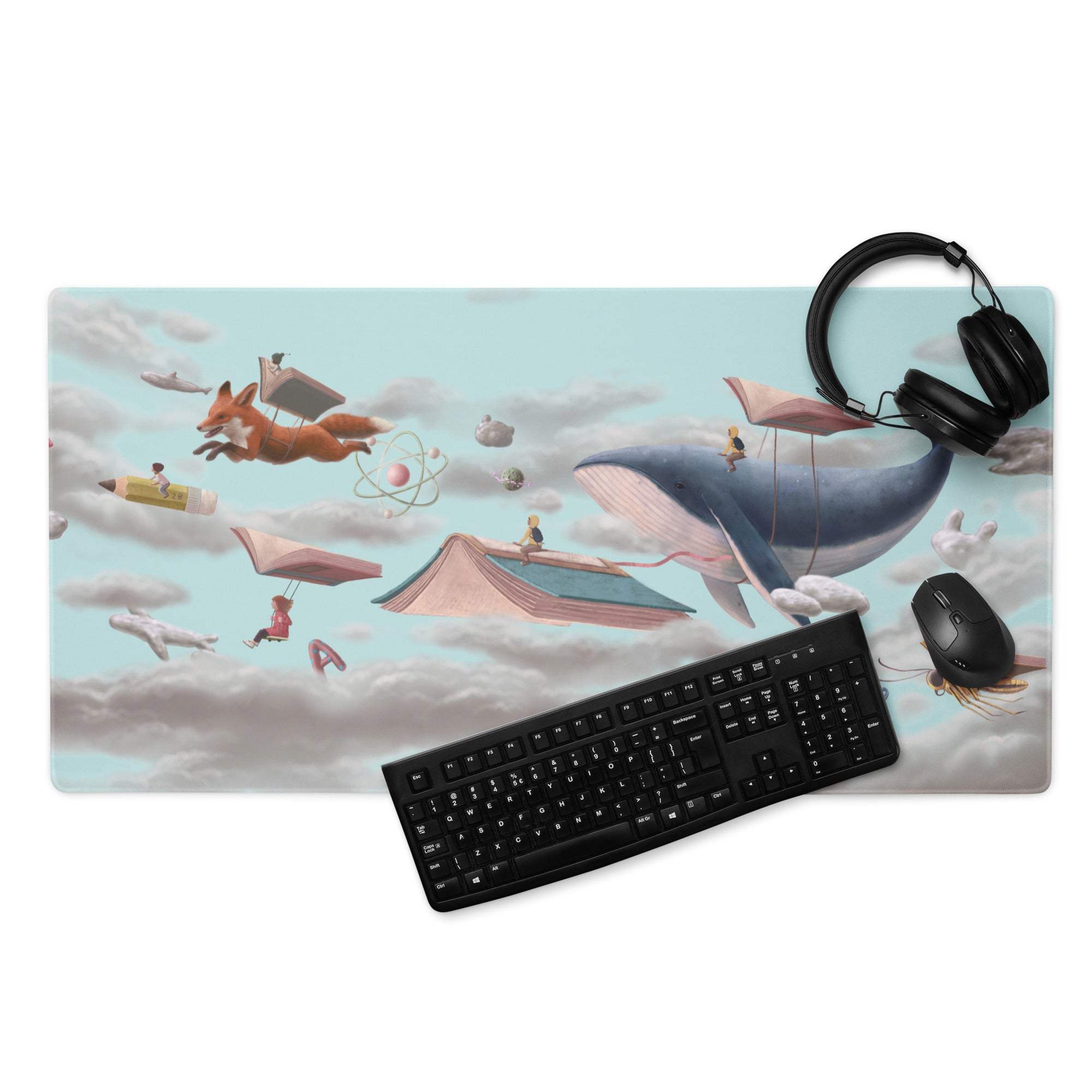 Blue Sky Fantasy Flying Books Mouse Pad For Gaming Desk Contemporary Modern Art Style
