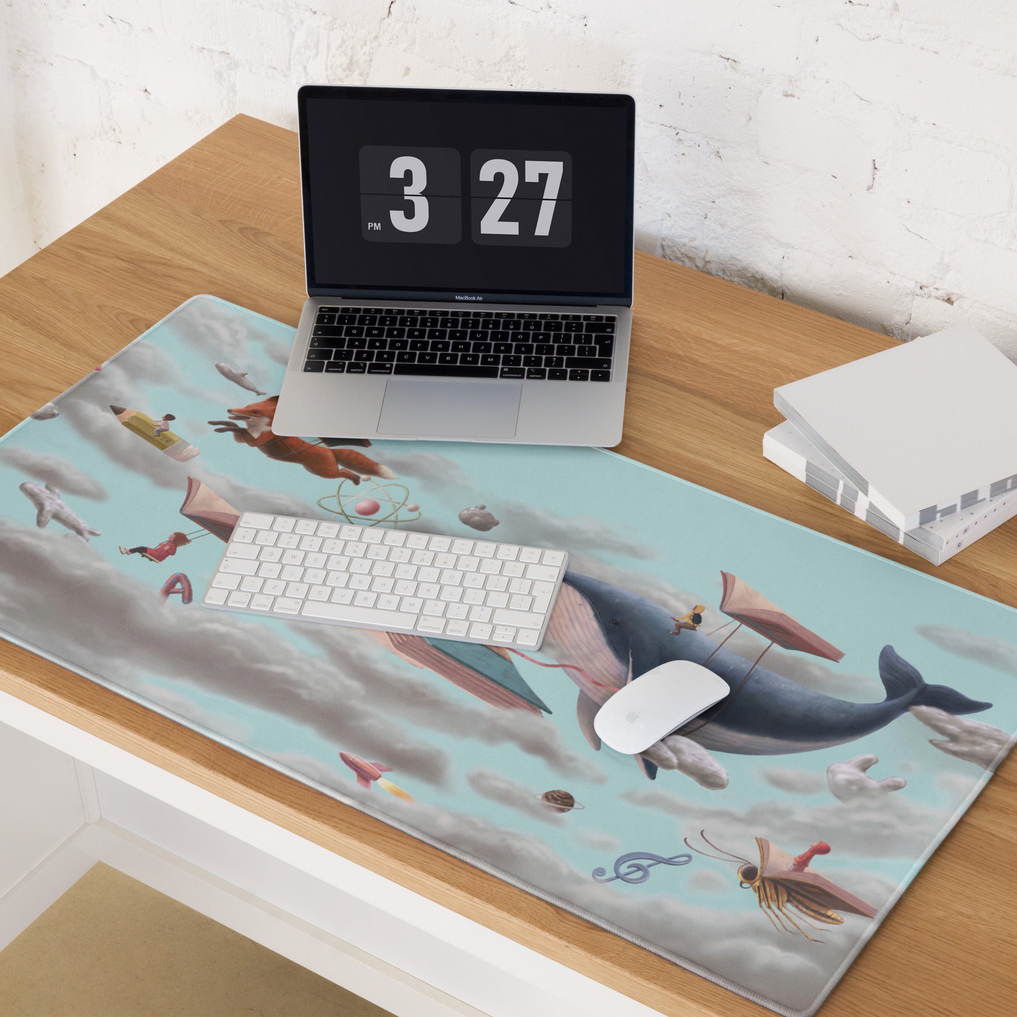 Blue Sky Fantasy Flying Books Mouse Pad For Gaming Desk Contemporary Modern Art Style