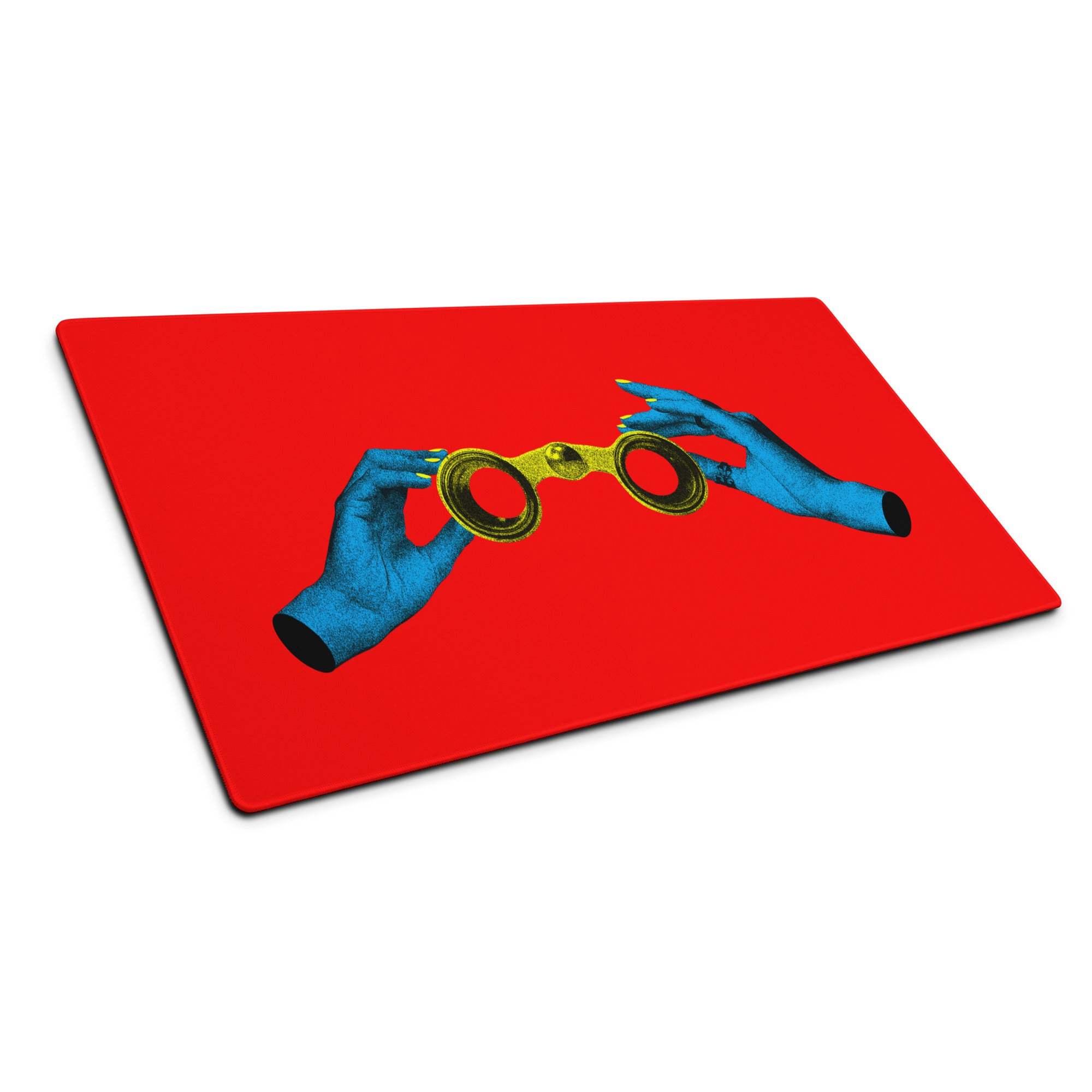 Red rectangular mouse pad featuring vibrant blue-gloved hands holding golden binoculars pop art design