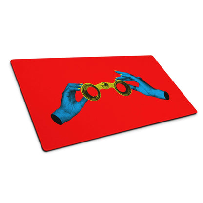 Blue Hands Holding Binoculars On Red Background Desktop Pop Art Mouse Pad Vibrant Graphic Desk Accessory Digital Print