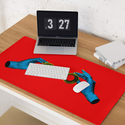 Blue Hands Holding Binoculars On Red Background Desktop Pop Art Mouse Pad Vibrant Graphic Desk Accessory Digital Print