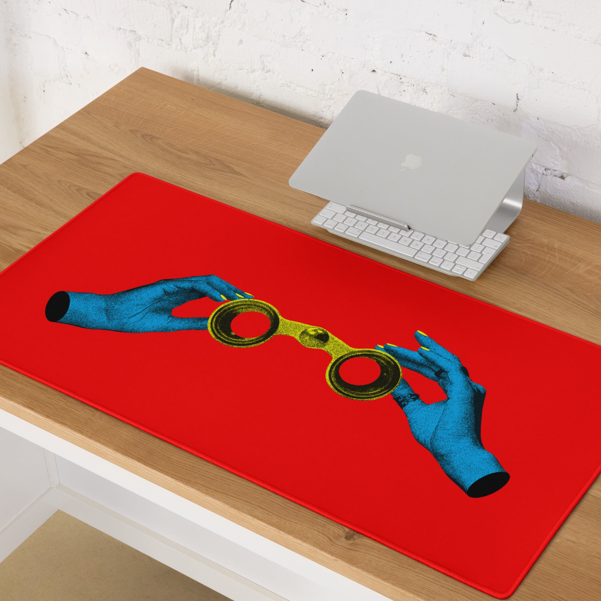 Blue Hands Holding Binoculars On Red Background Desktop Pop Art Mouse Pad Vibrant Graphic Desk Accessory Digital Print
