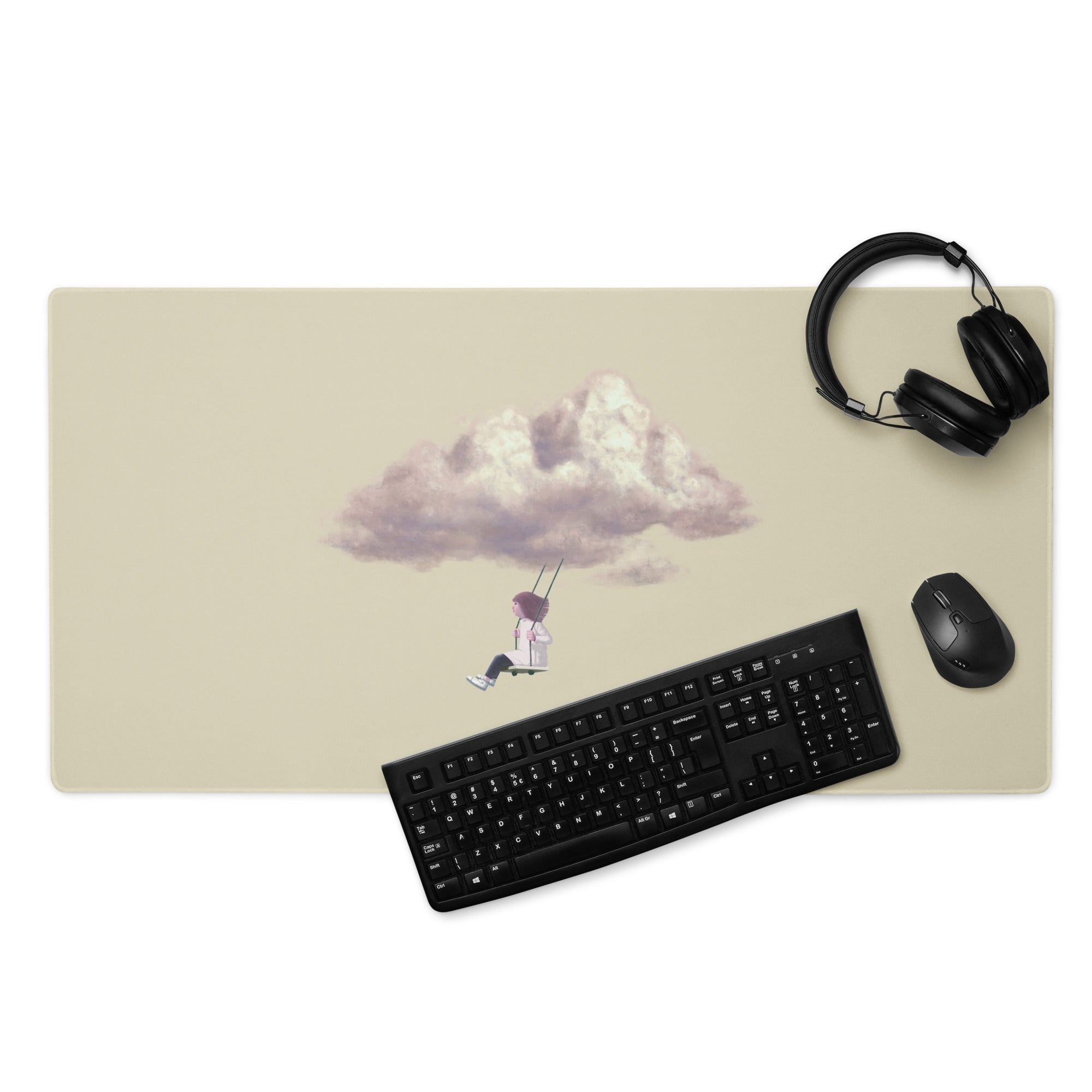 Pastel Beige Cloud Swing Illustration Mouse Pad For Desk Contemporary Minimalist Home Office