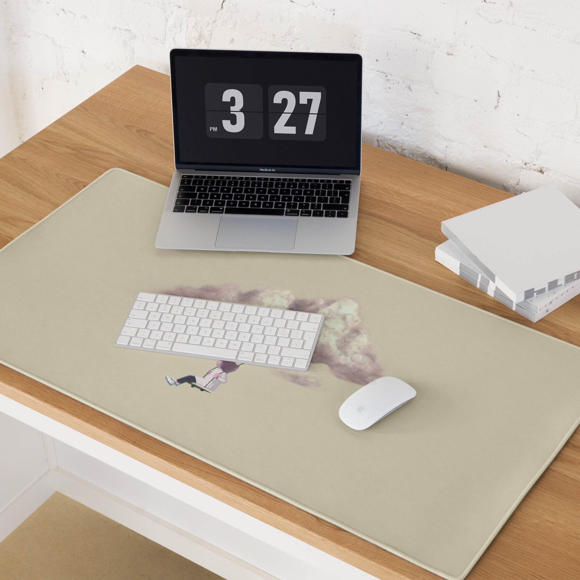 Pastel Beige Cloud Swing Illustration Mouse Pad For Desk Contemporary Minimalist Home Office