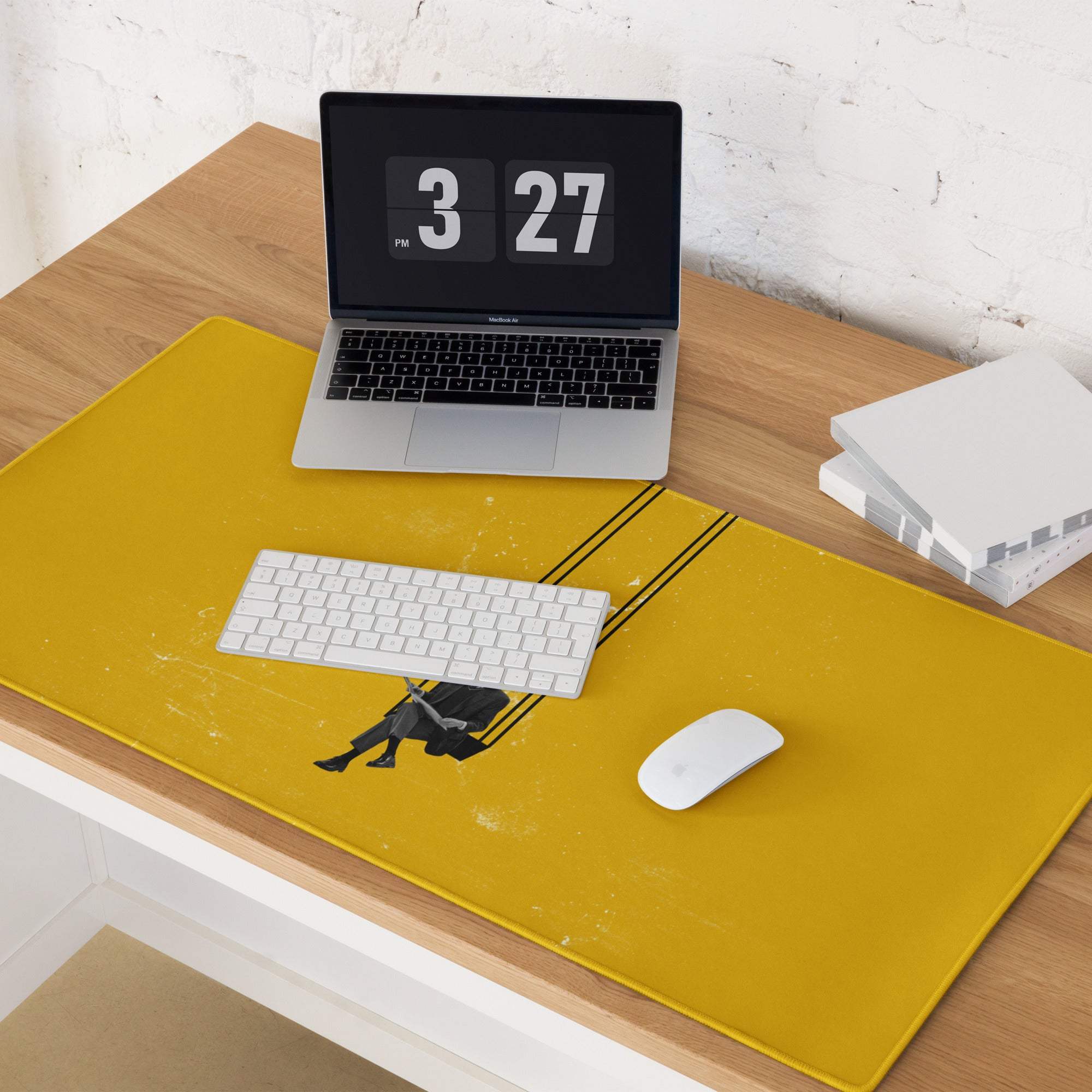Yellow rectangular polyester mousepad with black silhouette person and diagonal stripes modern energetic desk decor