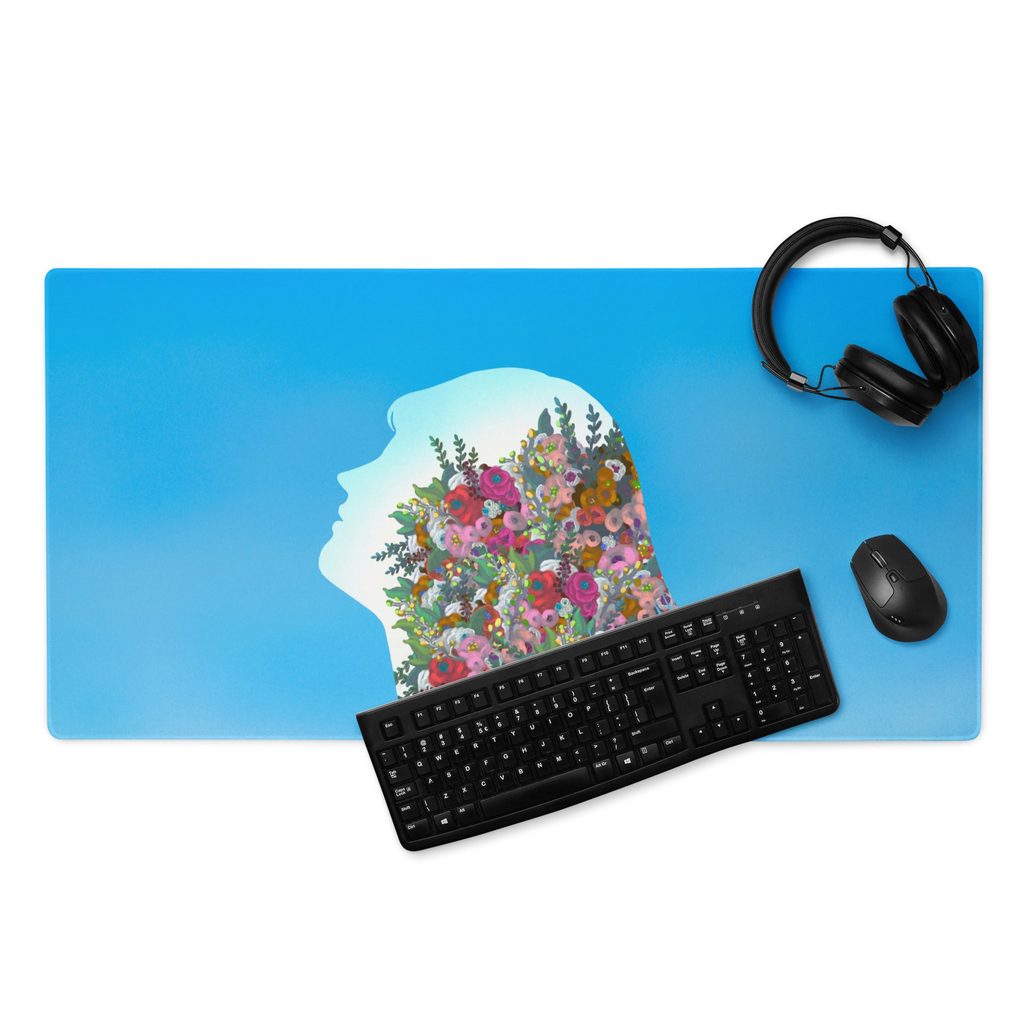 Blue Floral Silhouette Mouse Pad Contemporary Desk Decor Colorful Garden Collage Artwork Digital Illustration