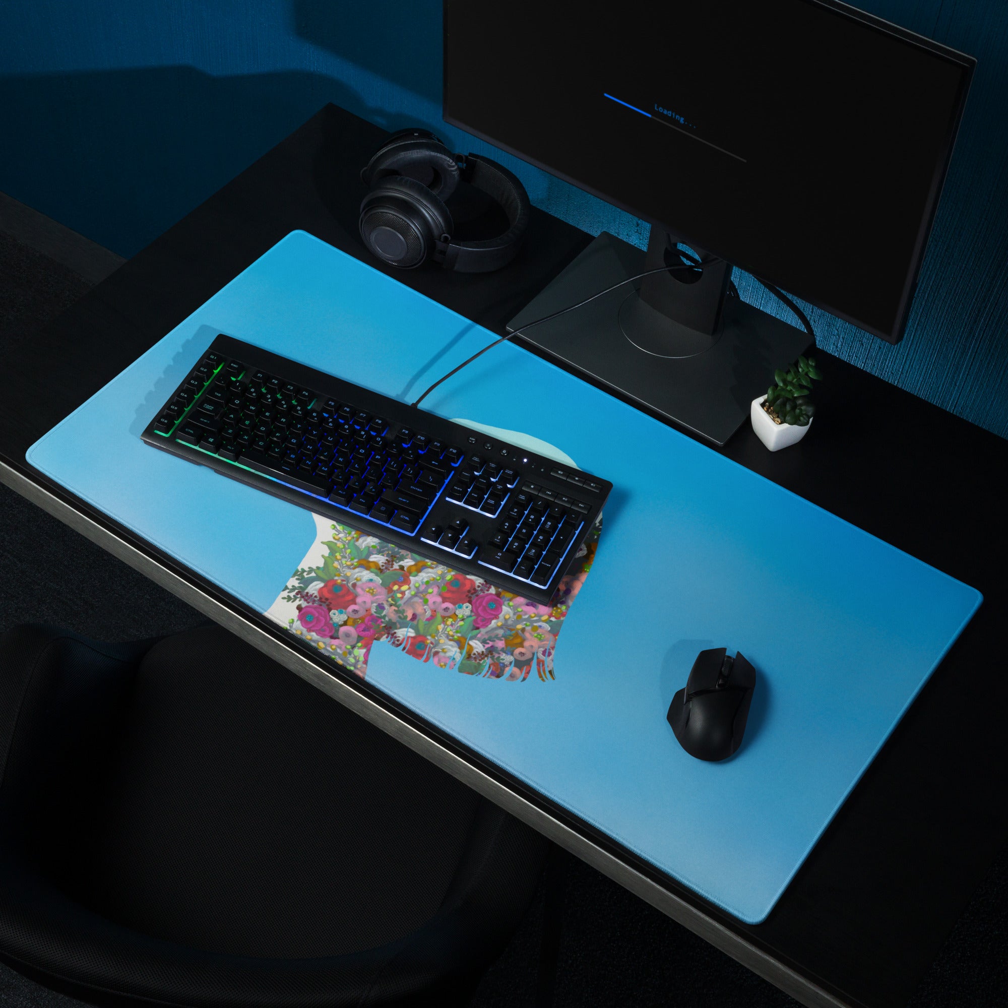 Blue Floral Silhouette Mouse Pad Contemporary Desk Decor Colorful Garden Collage Artwork Digital Illustration