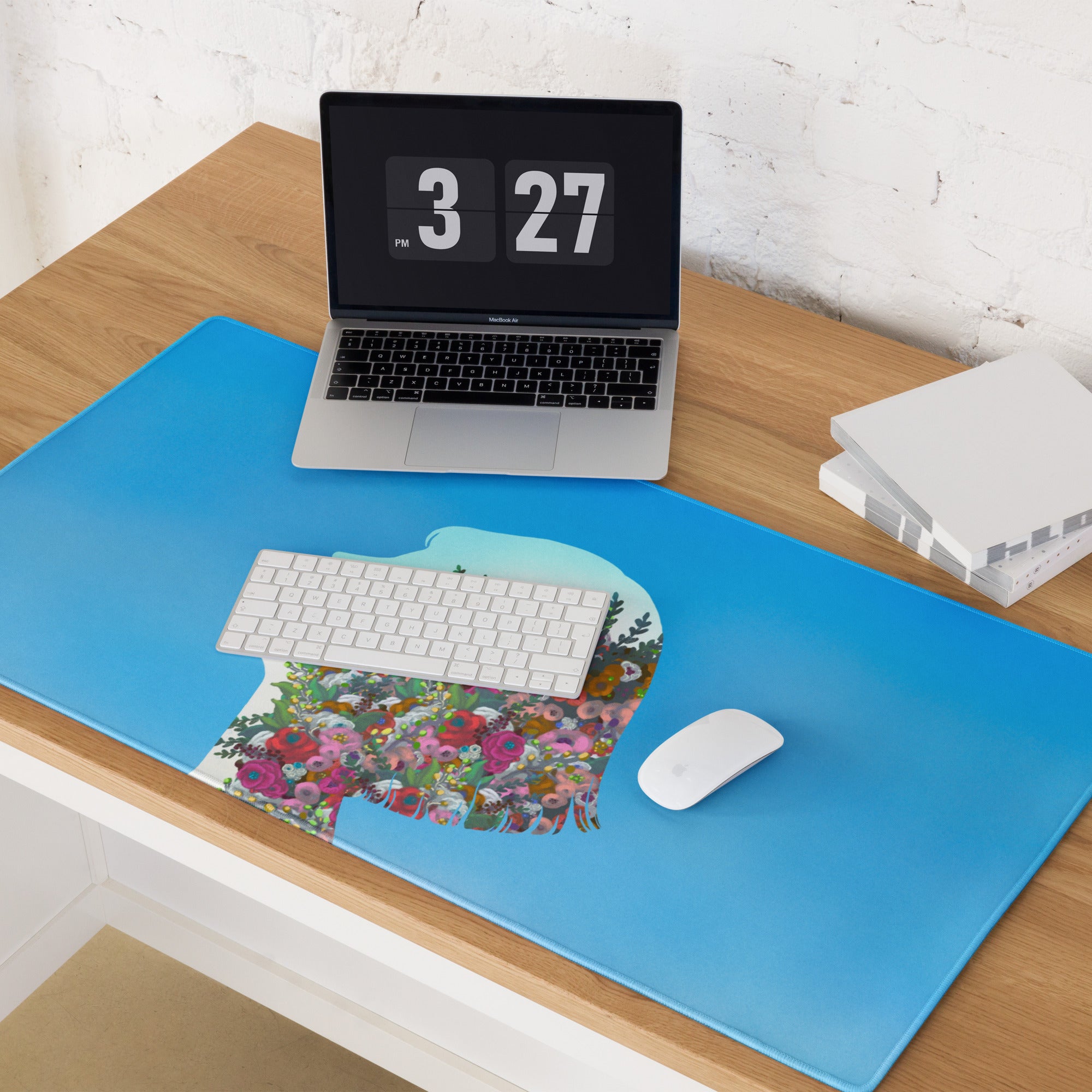 Blue Floral Silhouette Mouse Pad Contemporary Desk Decor Colorful Garden Collage Artwork Digital Illustration