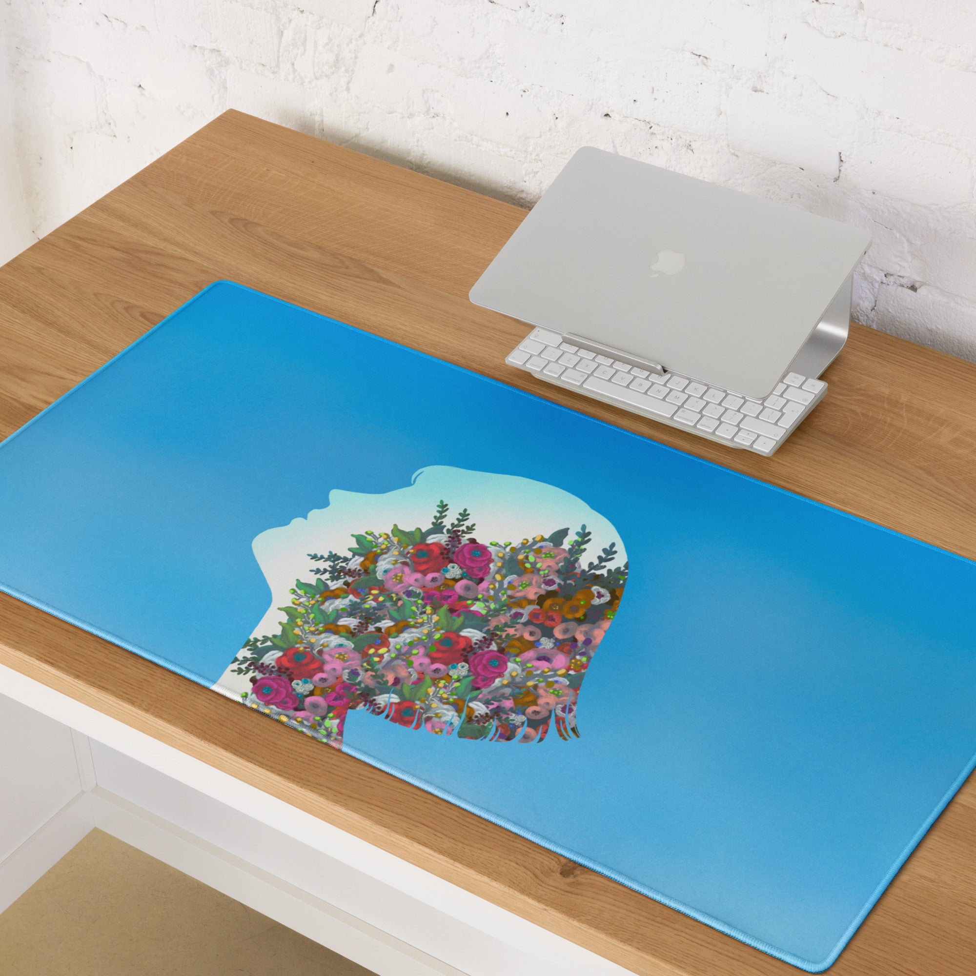 Blue Floral Silhouette Mouse Pad Contemporary Desk Decor Colorful Garden Collage Artwork Digital Illustration