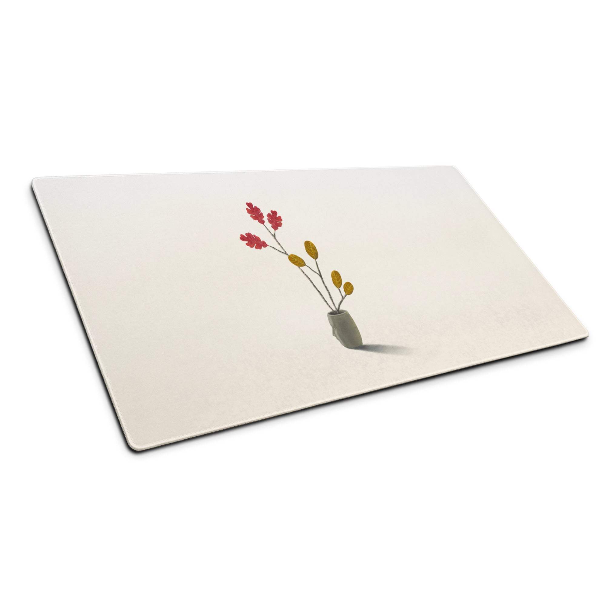 Beige botanical watercolor mouse pad with cream rectangular placemat and minimalist red and yellow leaves in gray vase