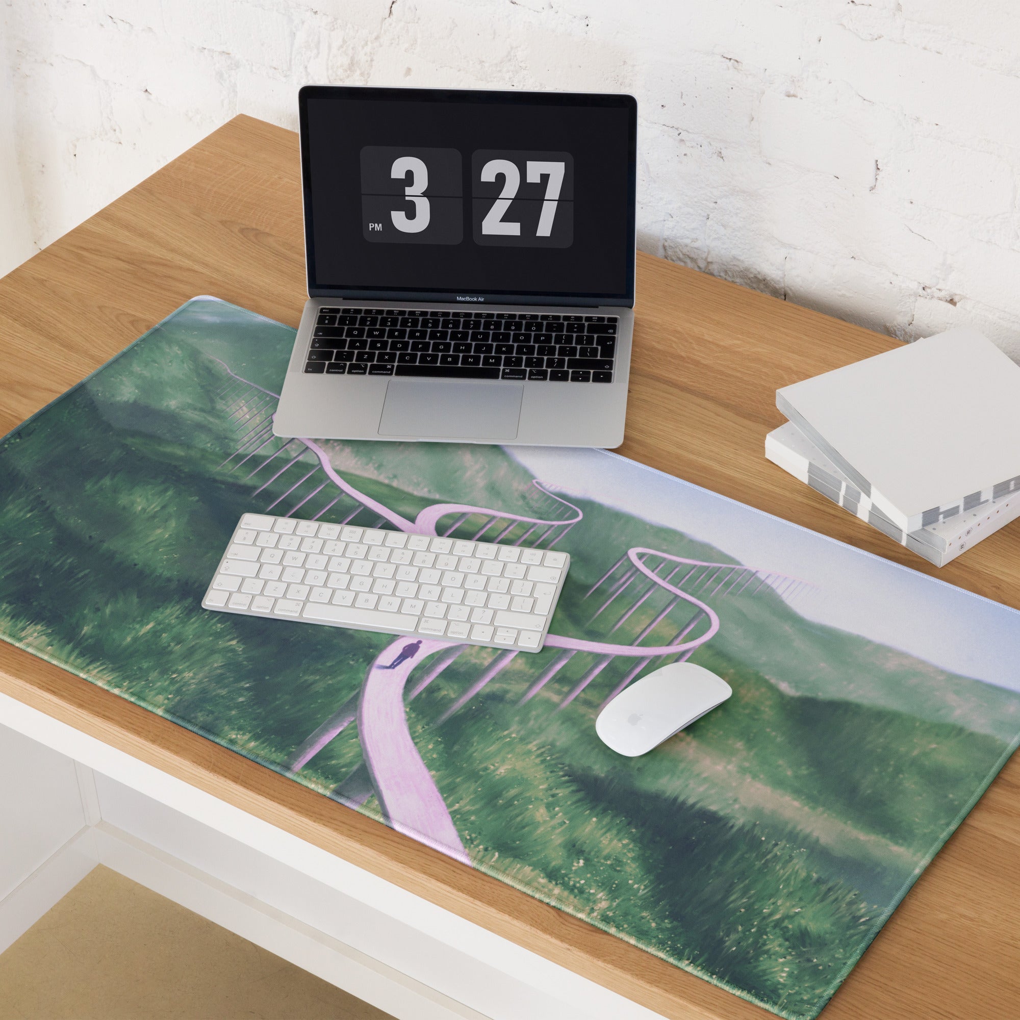 Pastel Pink Path Landscape Mouse Pad - Landscape Mouse Pad Pastel Pink Green Office Desk Contemporary Art Soothing Mood