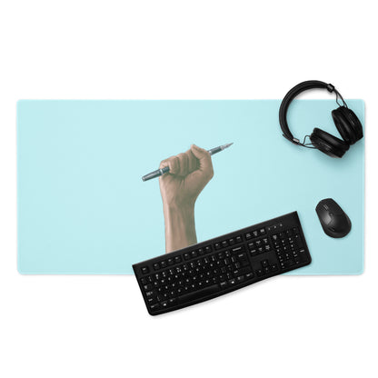 Hand Holding Pen Illustration Mouse Pad Sky Blue Desk Accessory Modern Office Decor