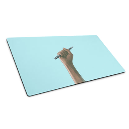 Hand Holding Pen Illustration Mouse Pad Sky Blue Desk Accessory Modern Office Decor