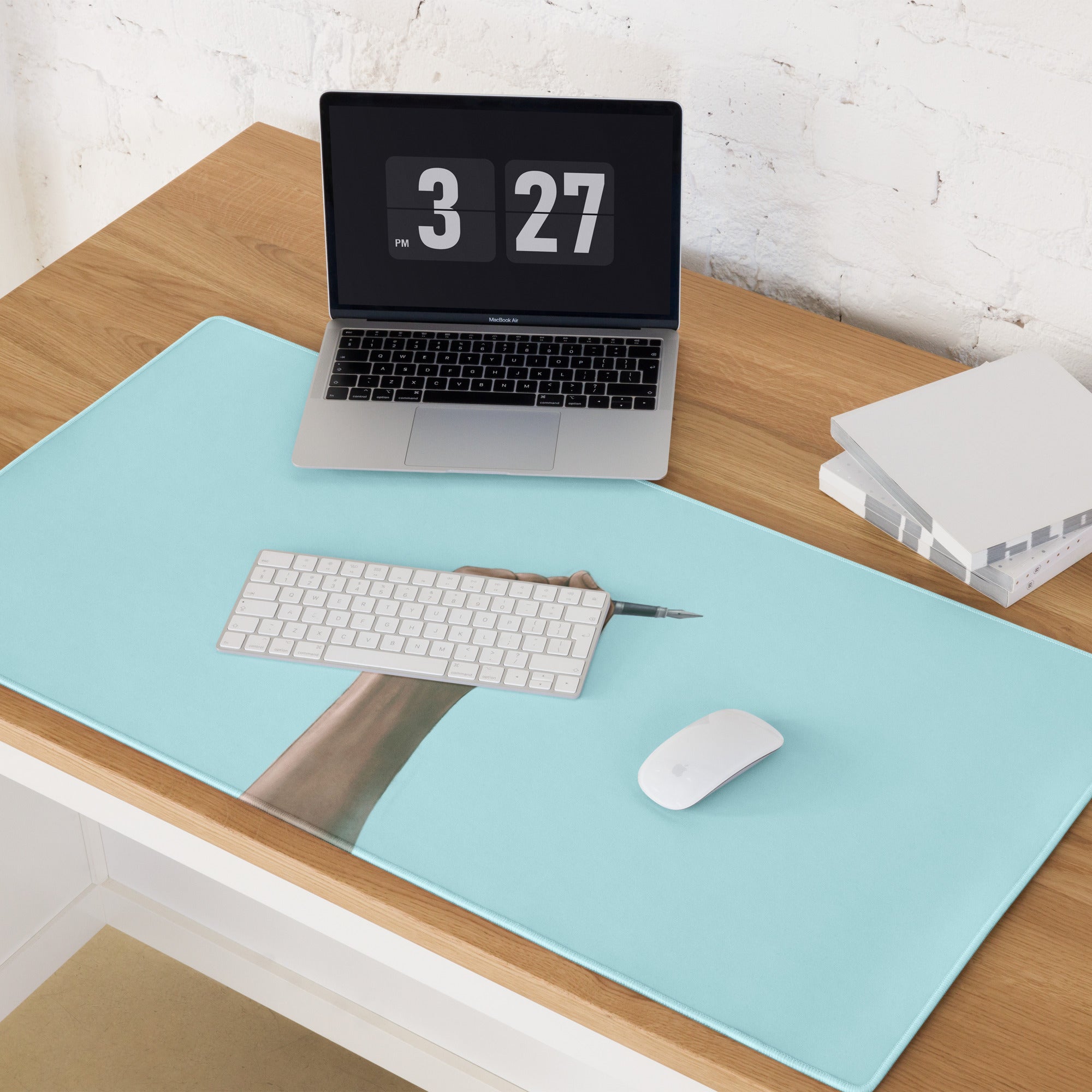 Hand Holding Pen Illustration Mouse Pad Sky Blue Desk Accessory Modern Office Decor