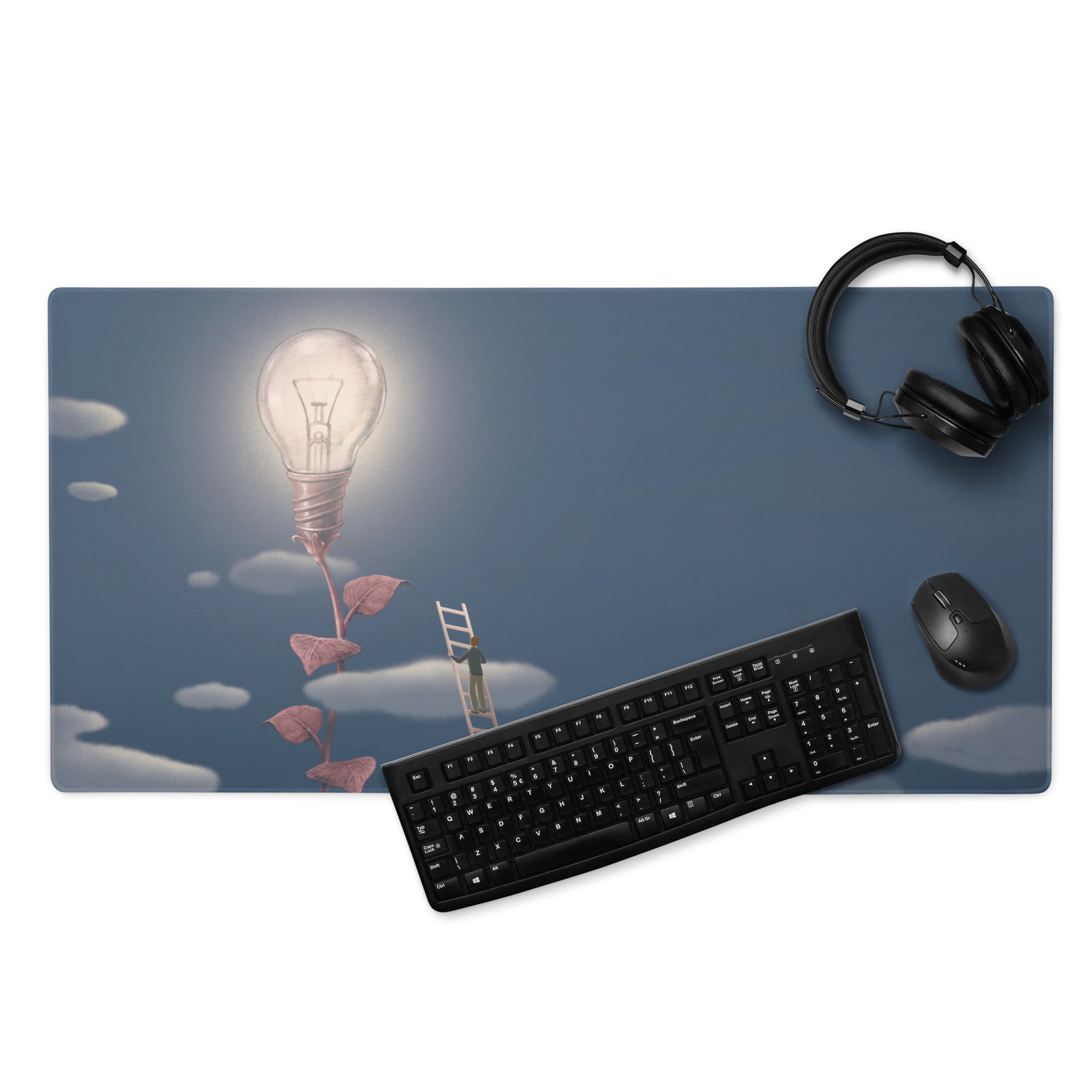 Gaming Mouse Pad Blue Moonlight Desk Mat For Modern Office Surreal Lightbulb Contemporary Artwork Style