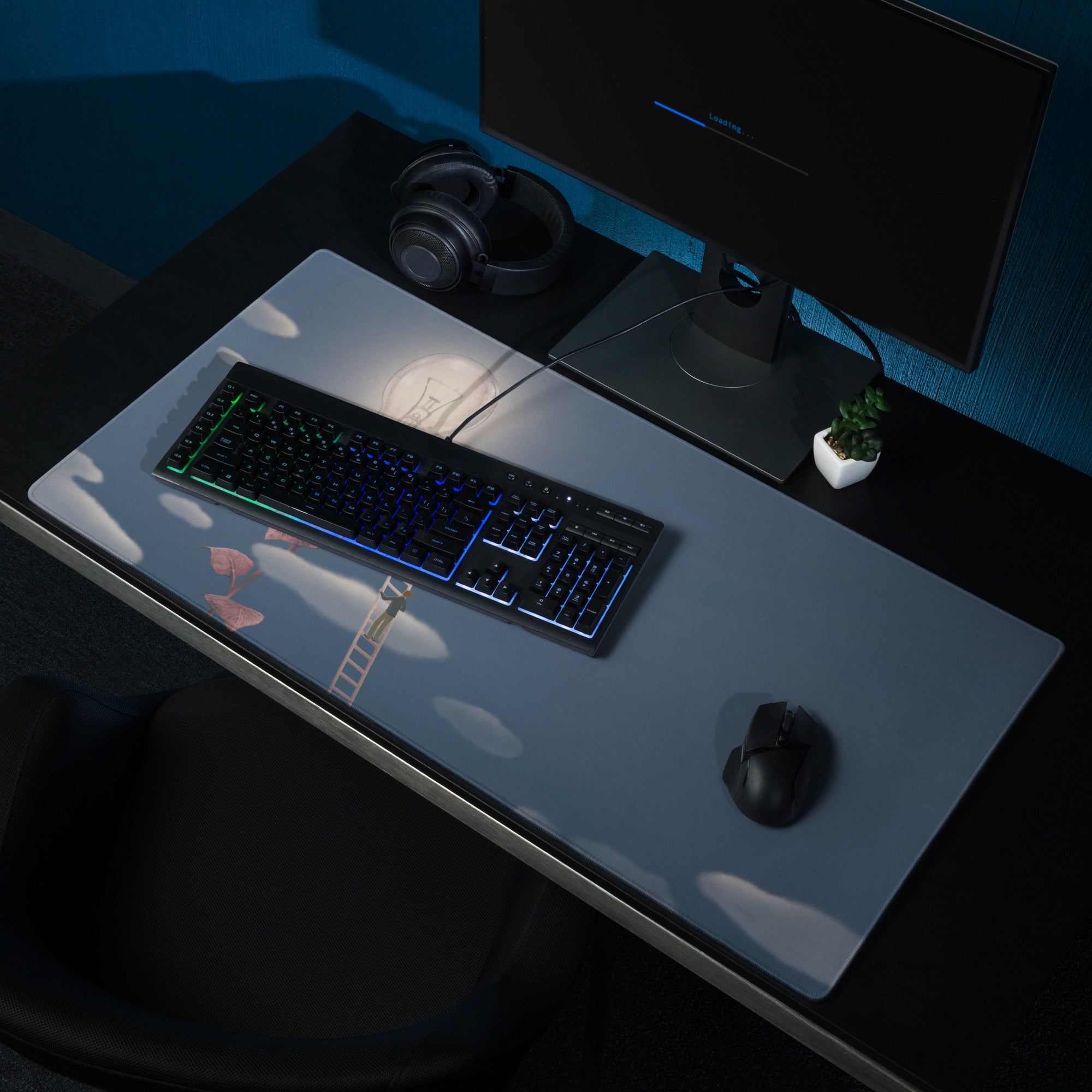 Gaming Mouse Pad Blue Moonlight Desk Mat For Modern Office Surreal Lightbulb Contemporary Artwork Style