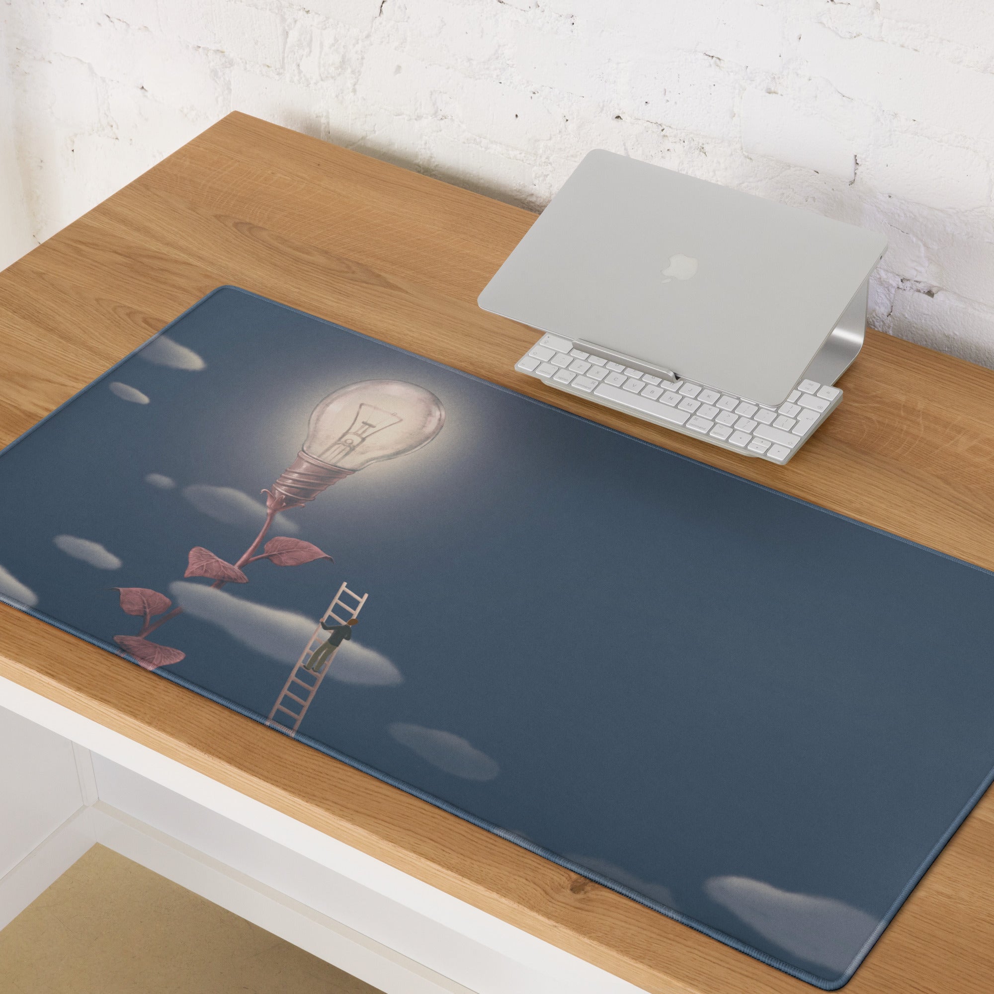 Gaming Mouse Pad Blue Moonlight Desk Mat For Modern Office Surreal Lightbulb Contemporary Artwork Style