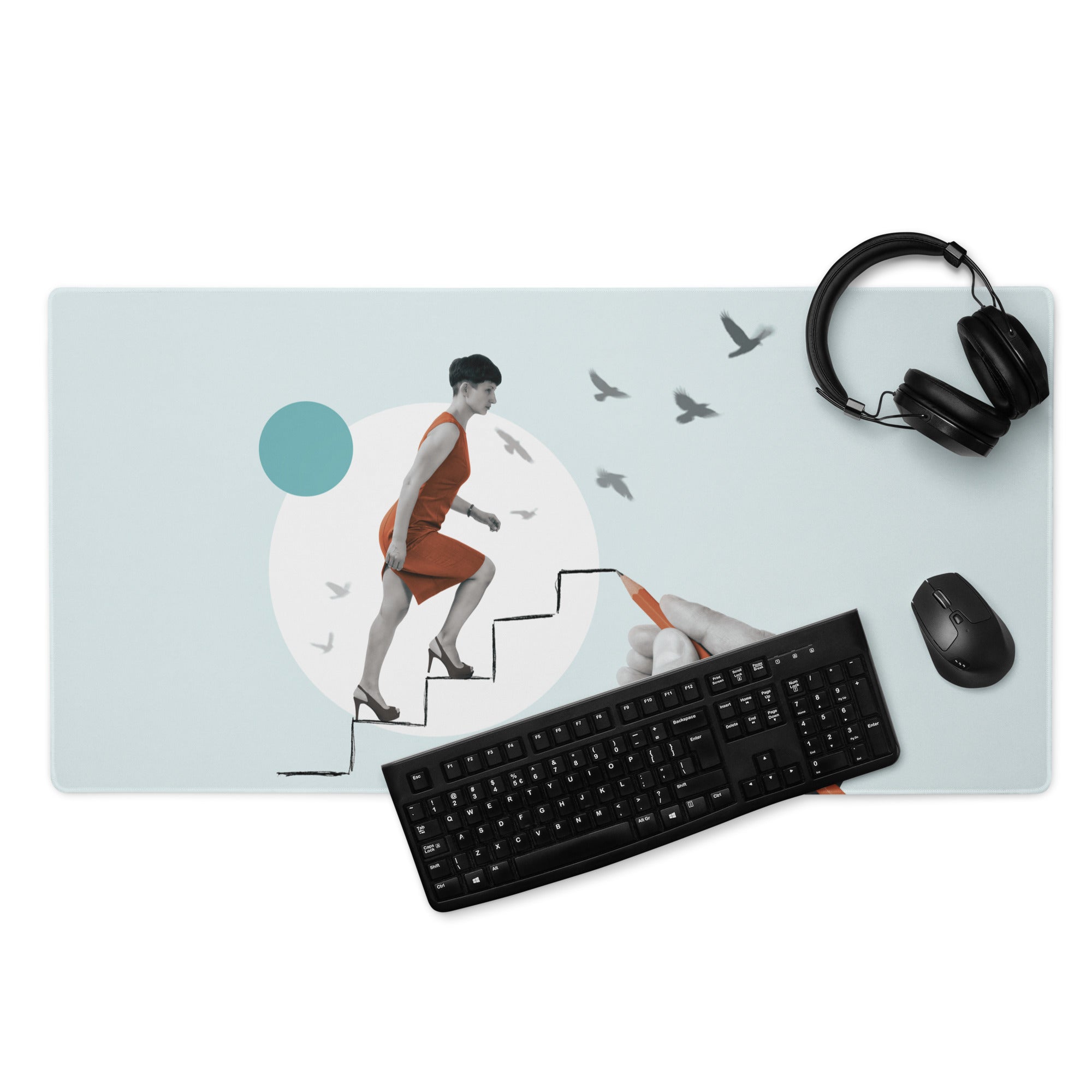 Teal Abstract Runner Desk Pad - Abstract Runner Illustration Blue Teal Office Decor Modern, Calm Mood, Contemporary