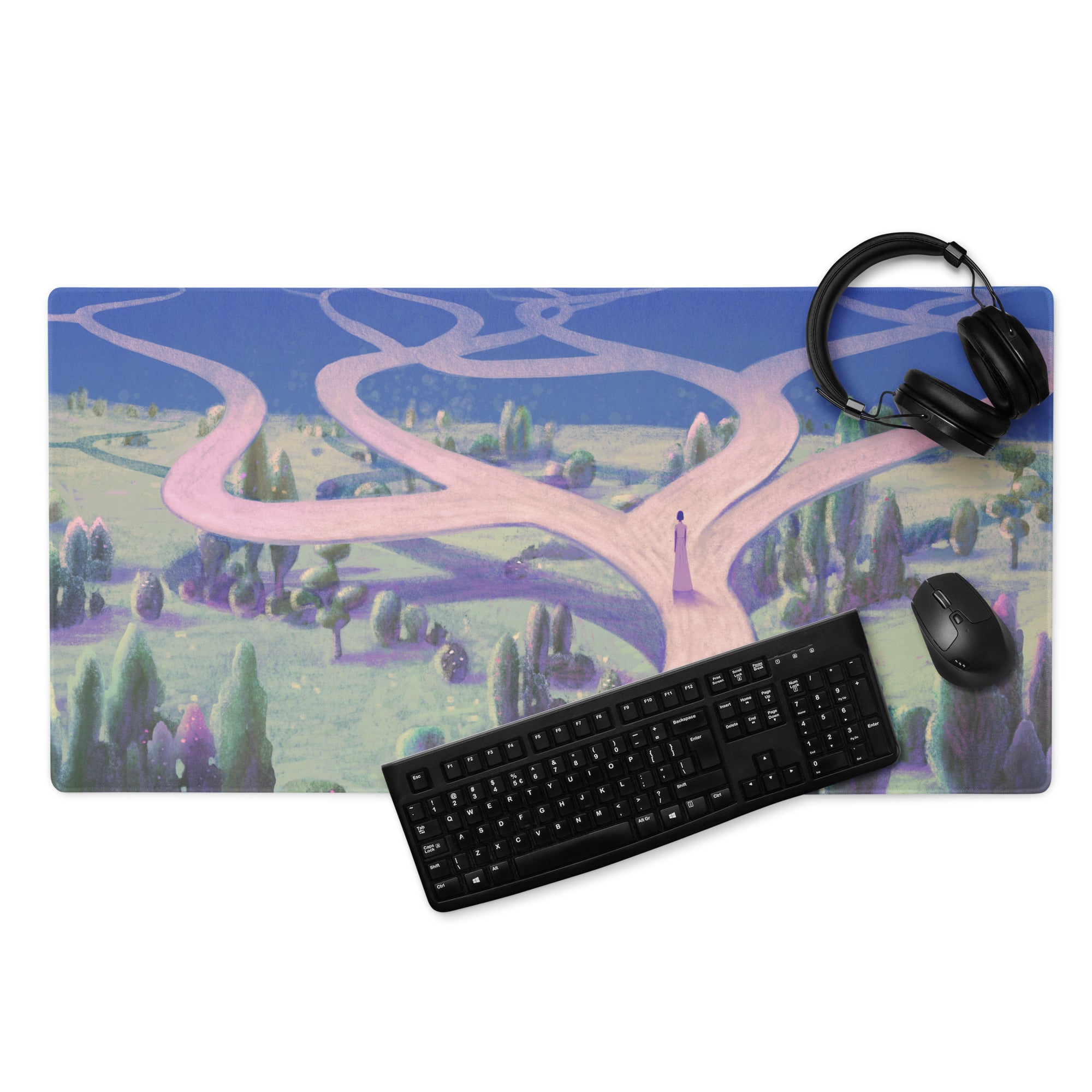 Oversized Gaming Mouse Pad 36x18 Inches Blue Purple Dreamy Abstract Landscape For Modern Home Office Decor Digital Art