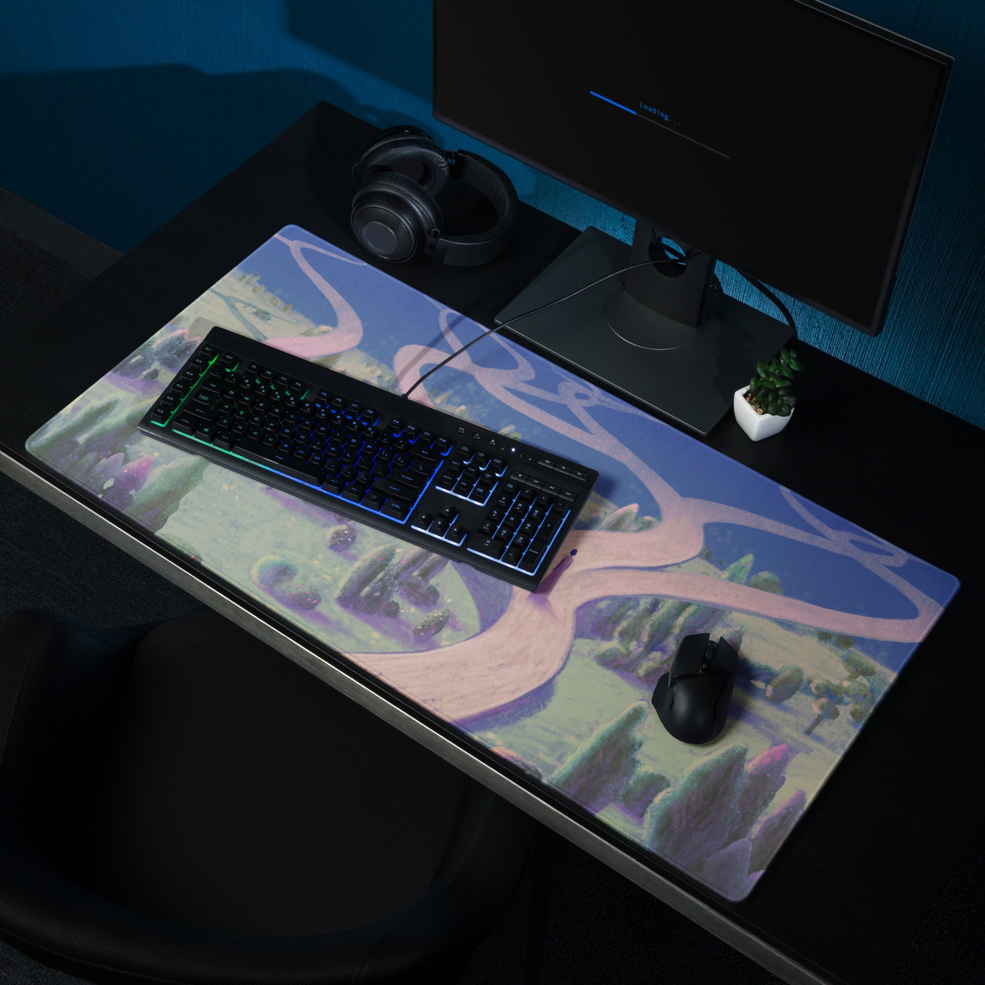 Oversized Gaming Mouse Pad 36x18 Inches Blue Purple Dreamy Abstract Landscape For Modern Home Office Decor Digital Art