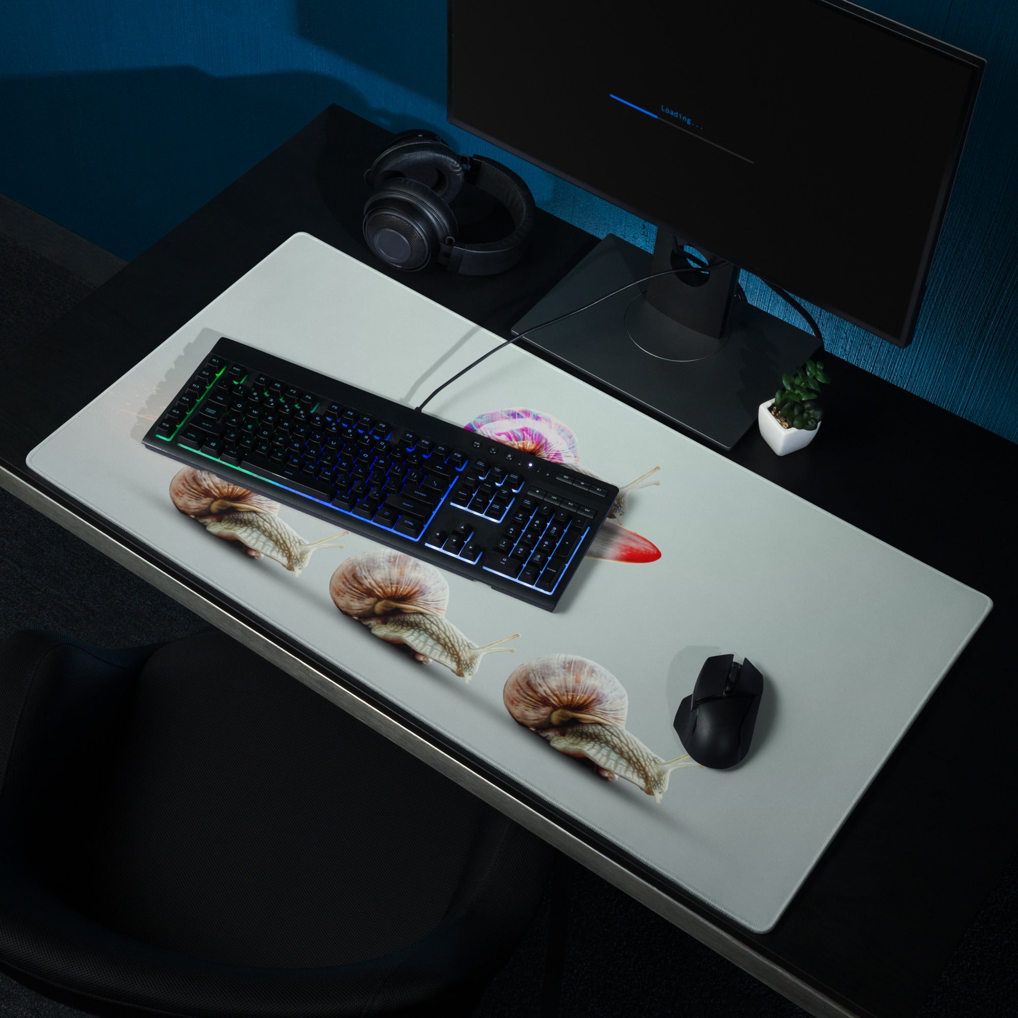 Pastel Snail Rocket Desk Pad For Desk Setup Surreal Art - Whimsical Mood Modern Minimal Extended Mouse Pad Digital Art