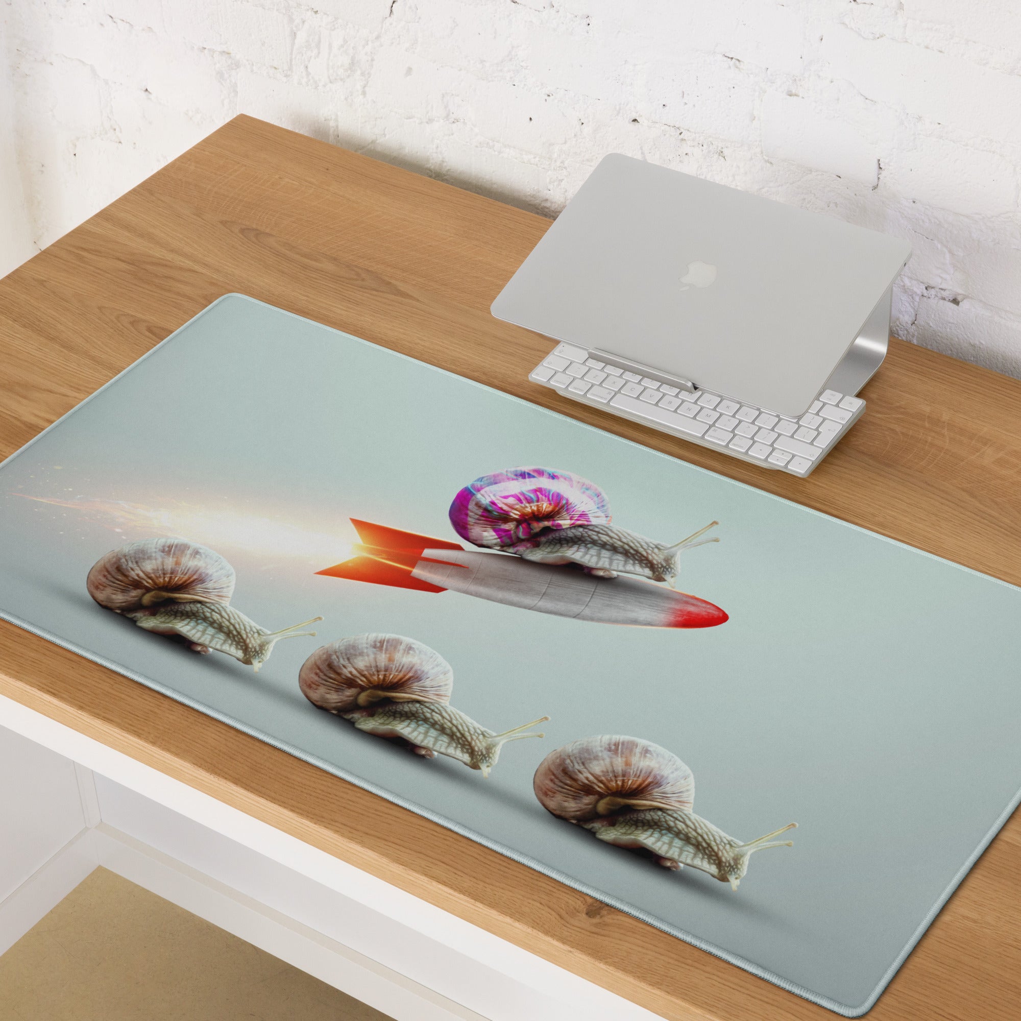Pastel Snail Rocket Desk Pad For Desk Setup Surreal Art - Whimsical Mood Modern Minimal Extended Mouse Pad Digital Art