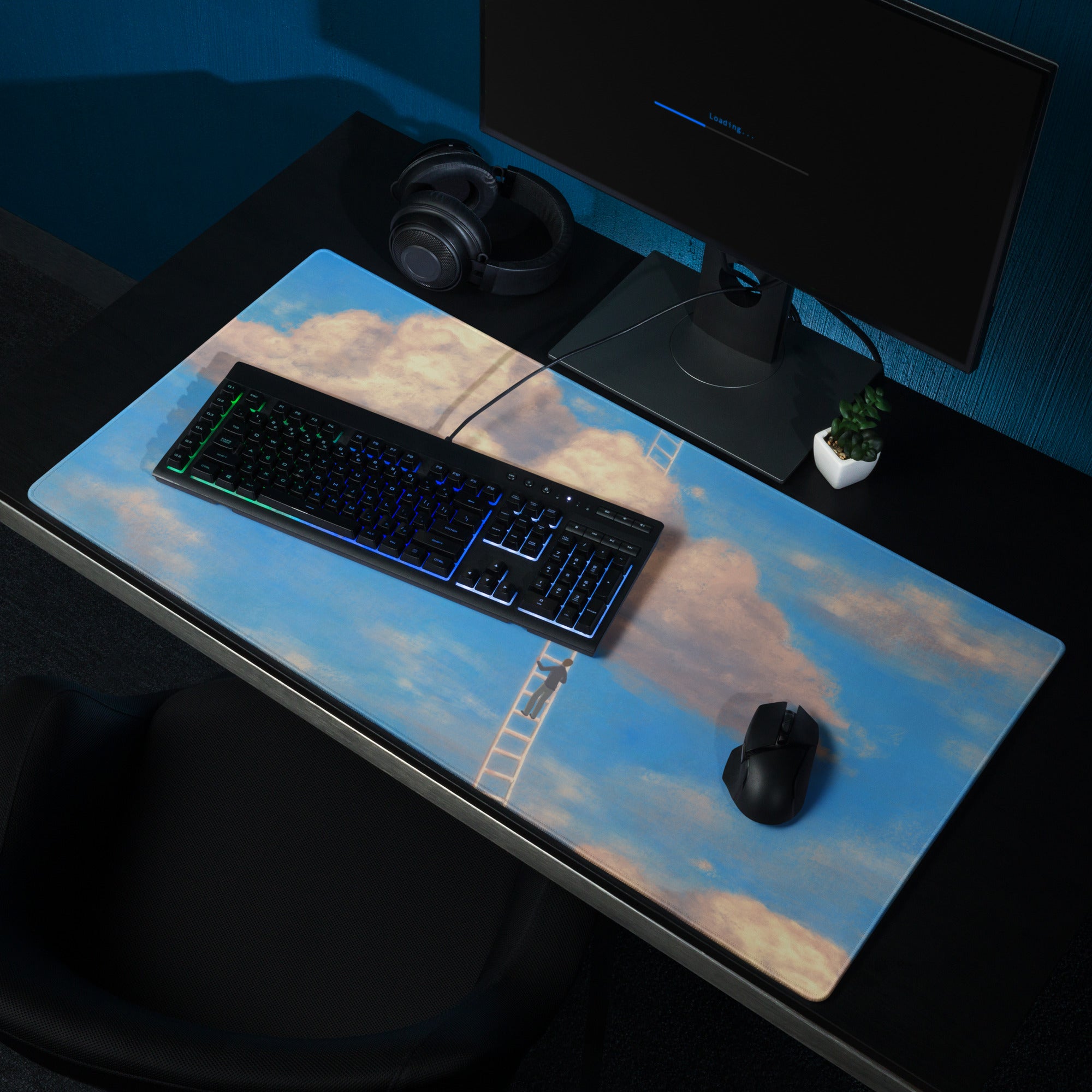 Sky Ladder Blue Sky Clouds Desk Setup Contemporary Oversized Gaming Mouse Pad 36x18 Digital Art