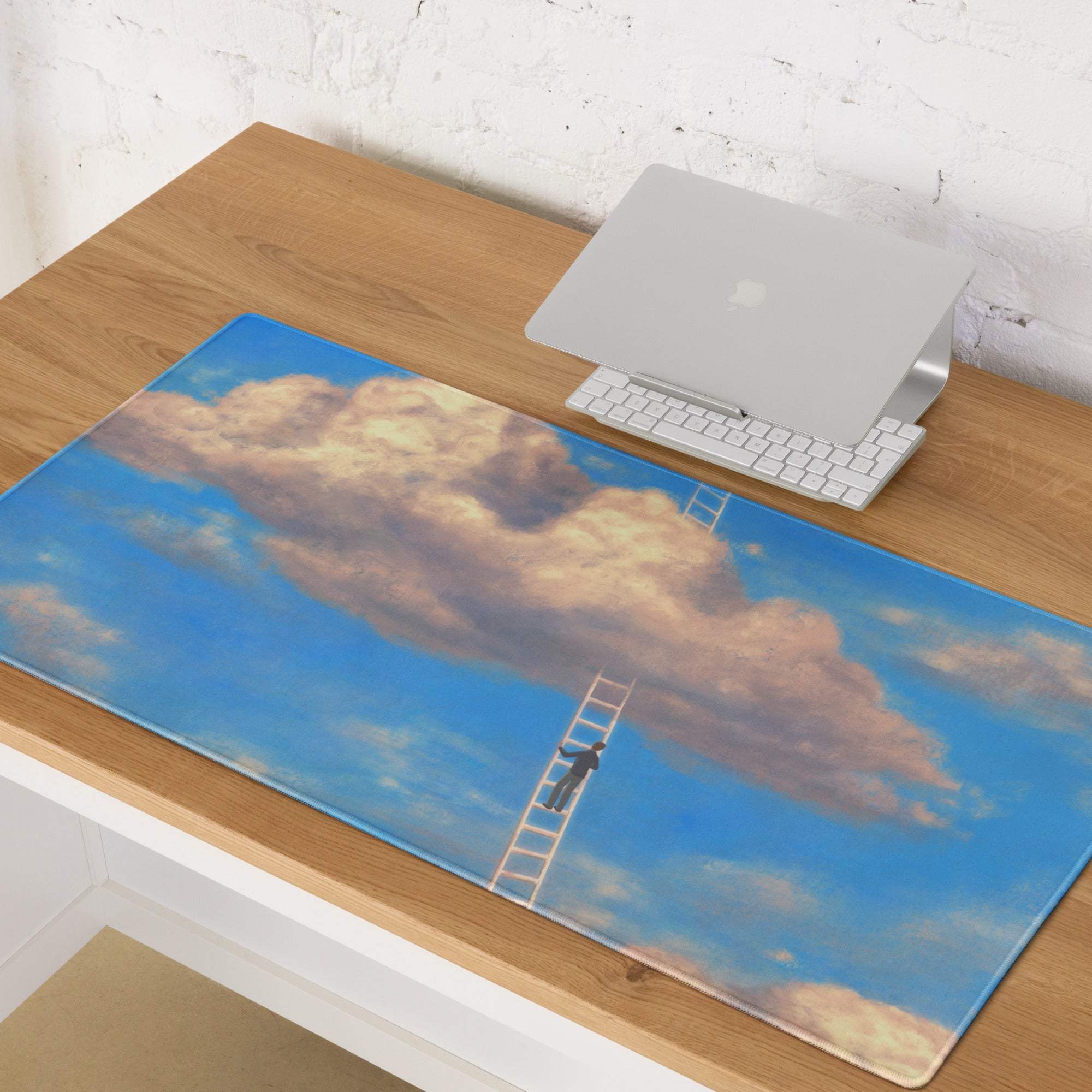 Sky ladder cloud desk pad blue rectangular mousepad with person climbing ladder toward clouds for gaming setup