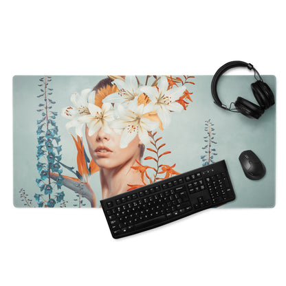 Floral Portrait Mouse Pad Teal Blue And White Orange Flowers Modern Desk Accessory Contemporary Botanical Art Print